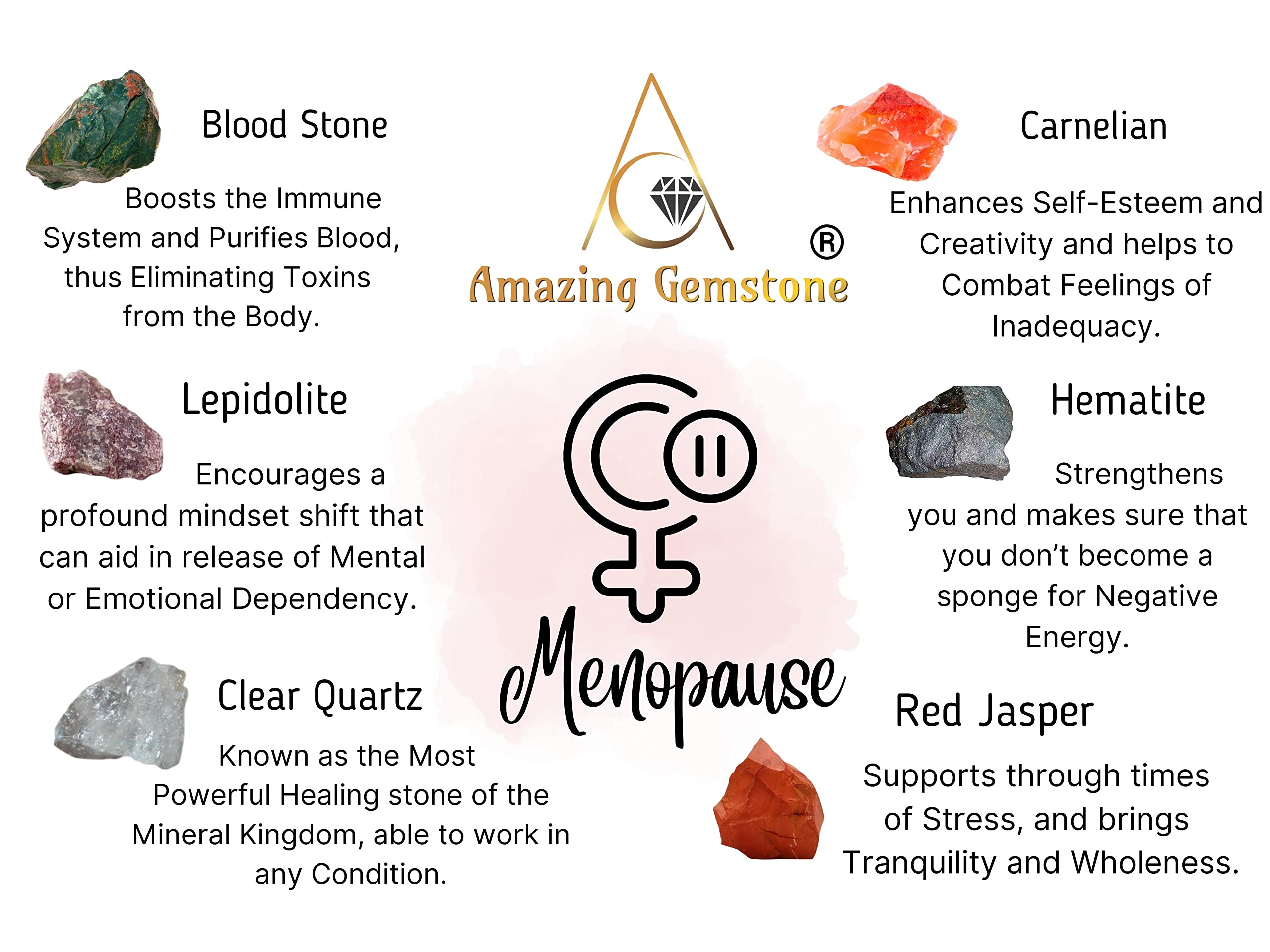Crystals for Menopause, Set of 6 Blood Stone, Lepidolite, Carnelian, Hematite, Red Jasper and Clear Quartz Healing Crystals and