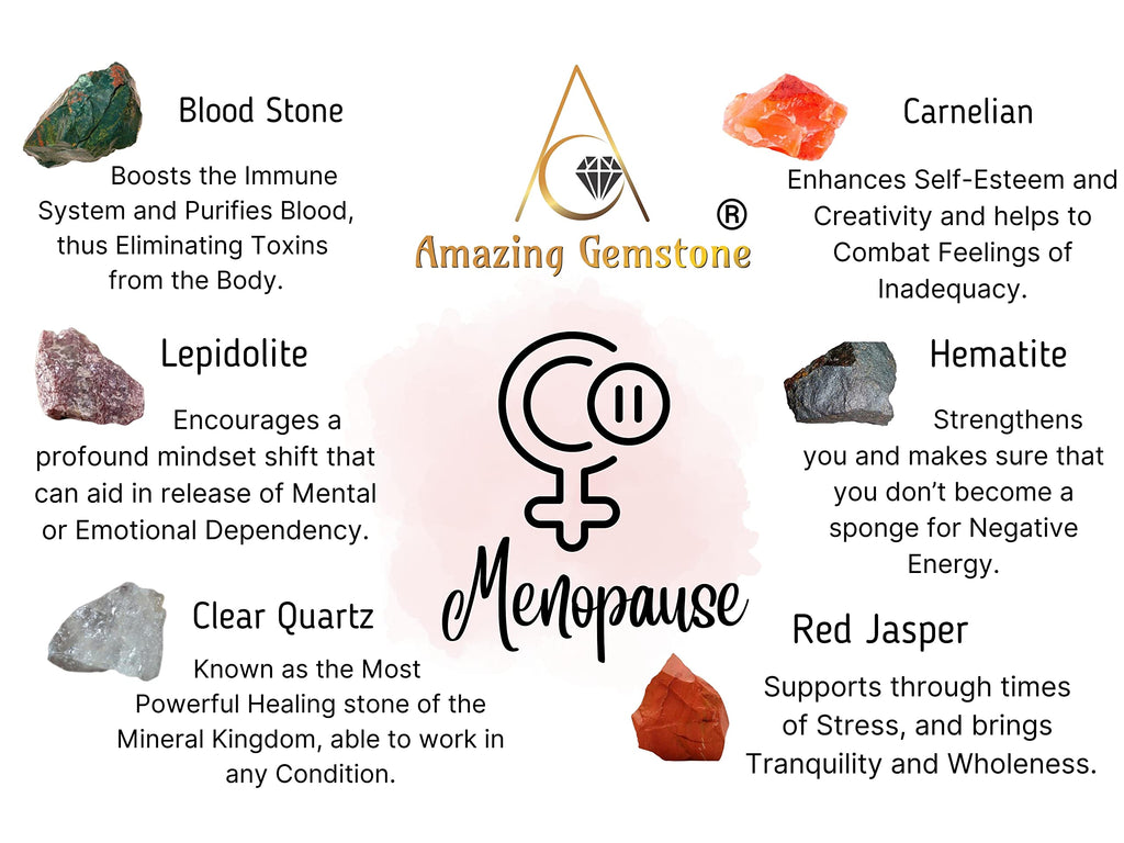 Crystals for Menopause, Set of 6 Blood Stone, Lepidolite, Carnelian, Hematite, Red Jasper and Clear Quartz Healing Crystals and