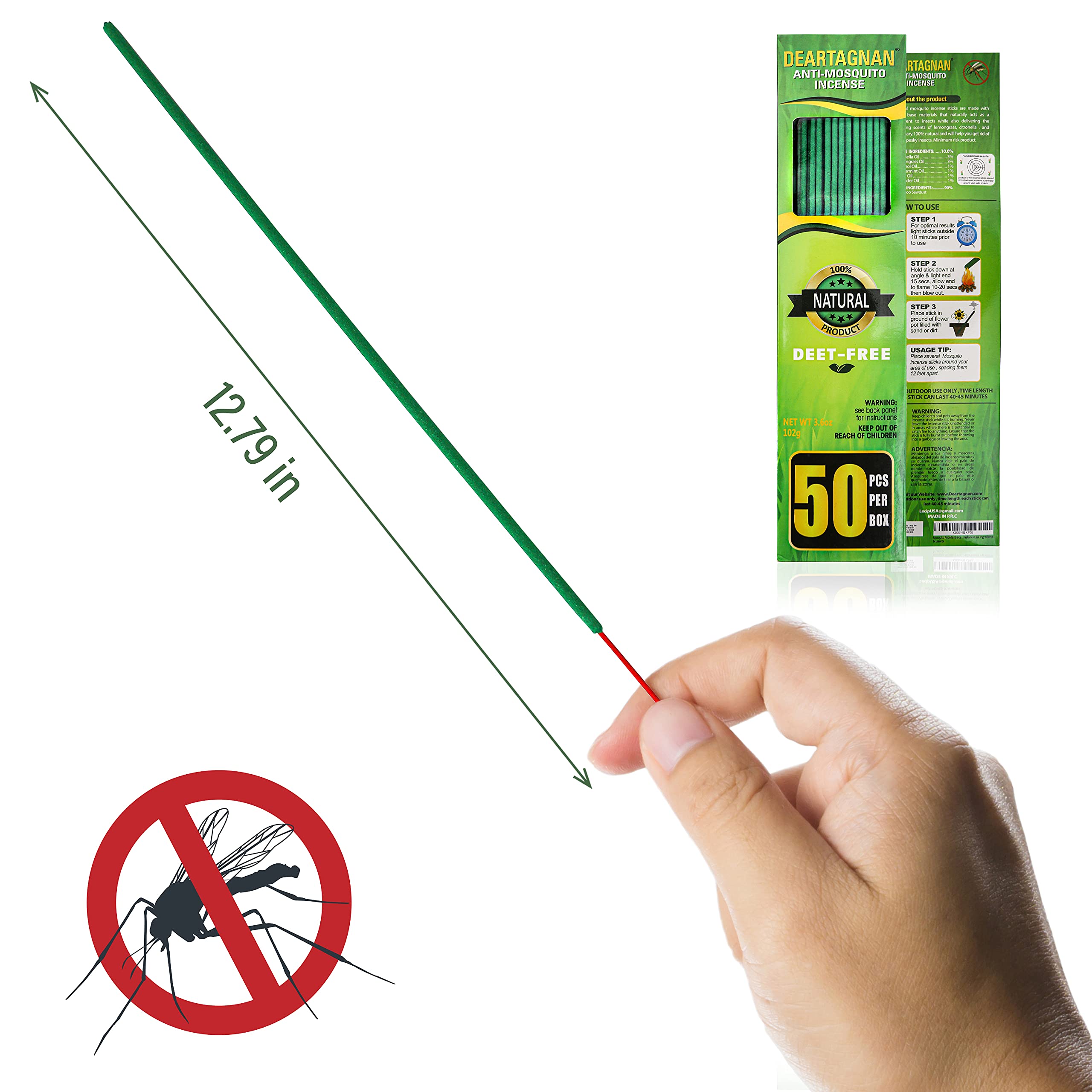 Mosquito Repellent Incense Sticks 50 Pieces per Box, Repellent for Patio /Natural Ingredients Citronella Oil/Lemongrass Oil/Made