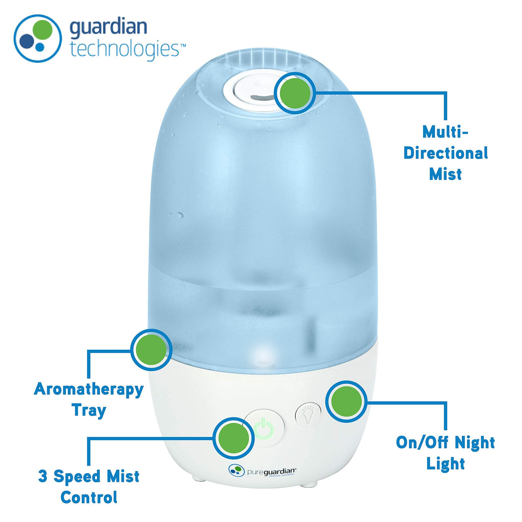 PureGuardian Ultrasonic Cool Mist Humidifier with Aromatherapy Tray, 70-Hour Run Time, 1-Gallon Tank Capacity, 320 Sq. Ft. Cover