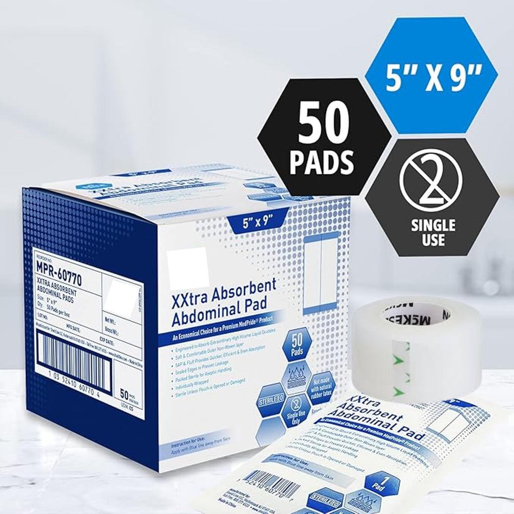 Sterile Extra Absorbent Abdominal Pads [50-Pack] - 5   x9    Plus Surgical Tape 1 in x 10 yd Roll | ABD, Non Adherent, First Aid