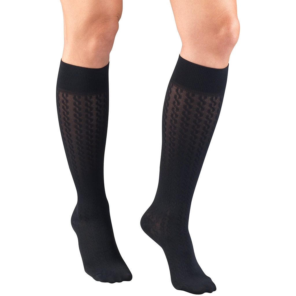 Truform Compression Socks, 15-20 mmHg, Women's Dress Socks, Knee High Over Calf Length, Navy Cable Knit, Small