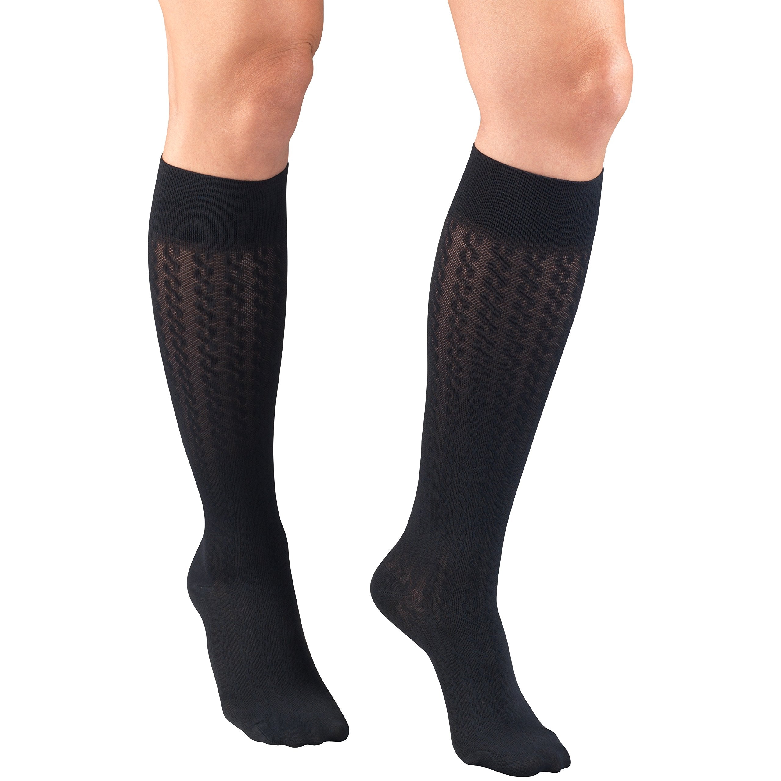 Truform Compression Socks, 15-20 mmHg, Women's Dress Socks, Knee High Over Calf Length, Navy Cable Knit, Small