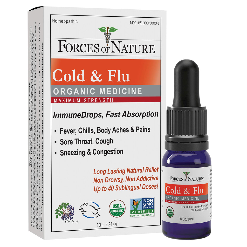 Forces of Nature Cold and Flu, Organic Maximum Strength Homeopathic Medicine, 0.34 Fl Oz, Immune Support & Multi Symptom Relief 