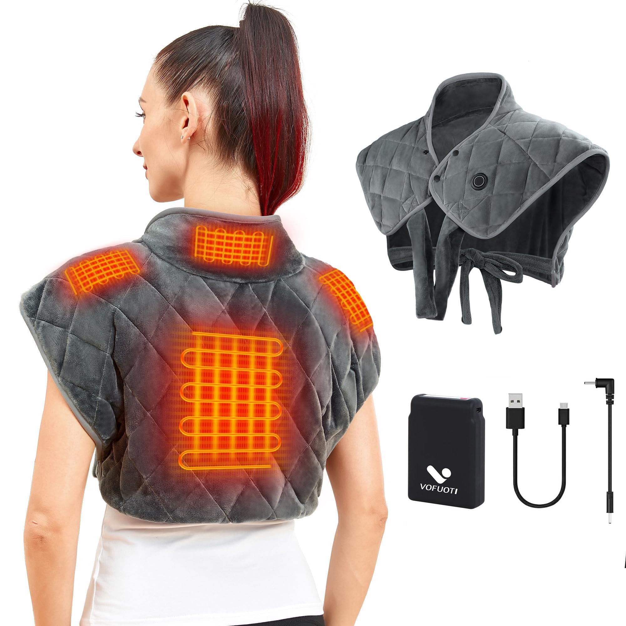 Vofuoti Portable Heating Pad for Neck and Shoulders, Cordless Heating Pad with Battery and 3 Heat Settings, Weighted Electric He