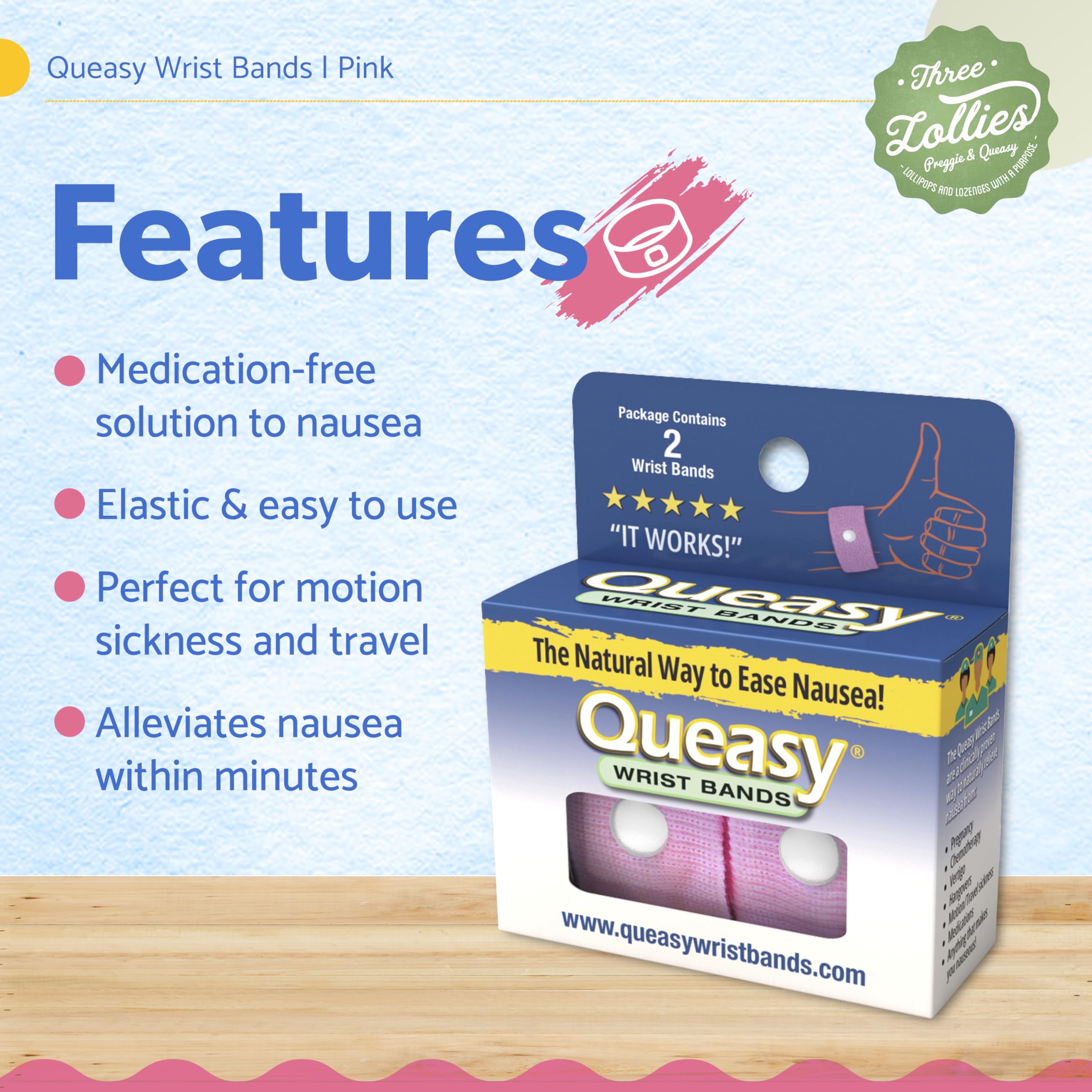 Three Lollies Queasy Anti-Nausea Wristbands - Nausea & Vomiting Relief from Morning Sickness, Motion Sickness, Migraine - Clinic