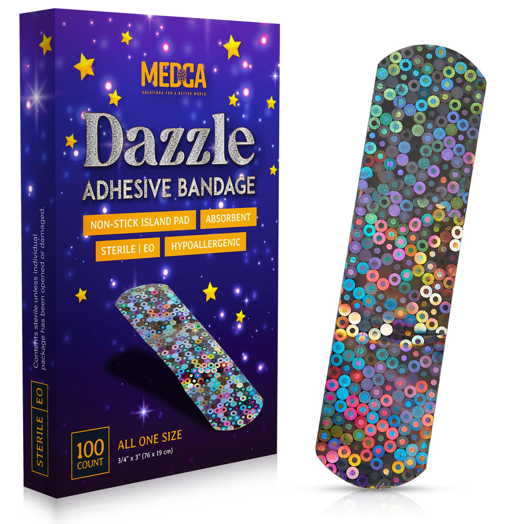 Glitter Bandages for Kids -(100 Count Box) Adhesive Bandage Strips w/Colorful Glitter Design & Latex-Free Individually Wrapped S