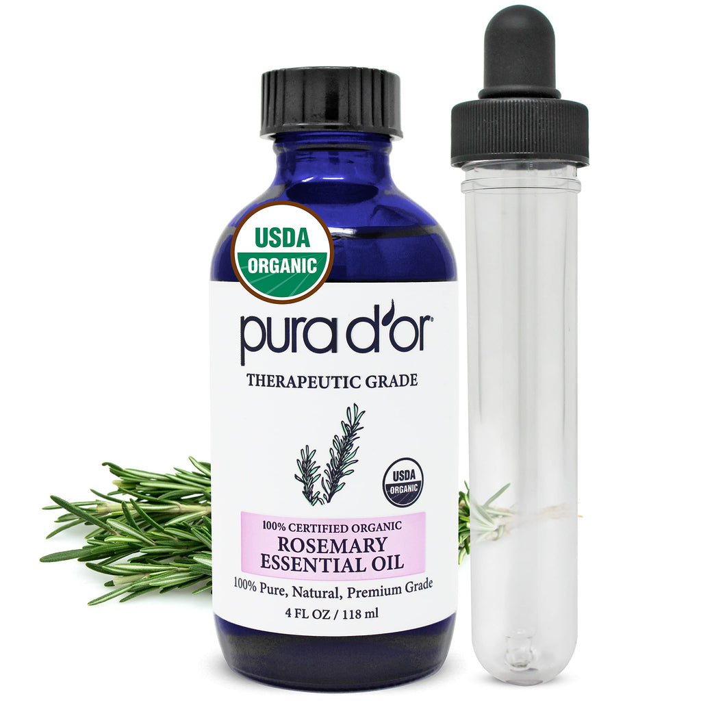 PURA DOR Organic Rosemary Essential Oil, 4oz, Therapeutic Grade, for Hair, Body, Skin, Aromatherapy, Relaxation, Massage, Mood,
