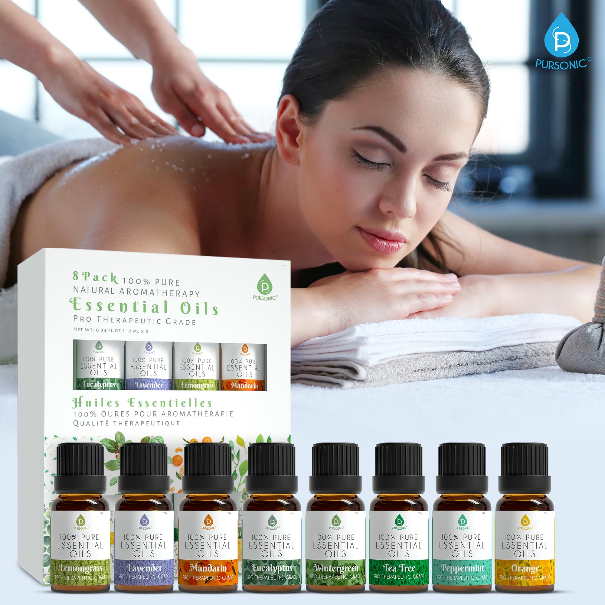 Pursonic Essential Oils Set - 8 Aromatherapy Oils Blends Gift Set - 10ml Pure Essential Oils for Diffusers, Home, Massage & Bath