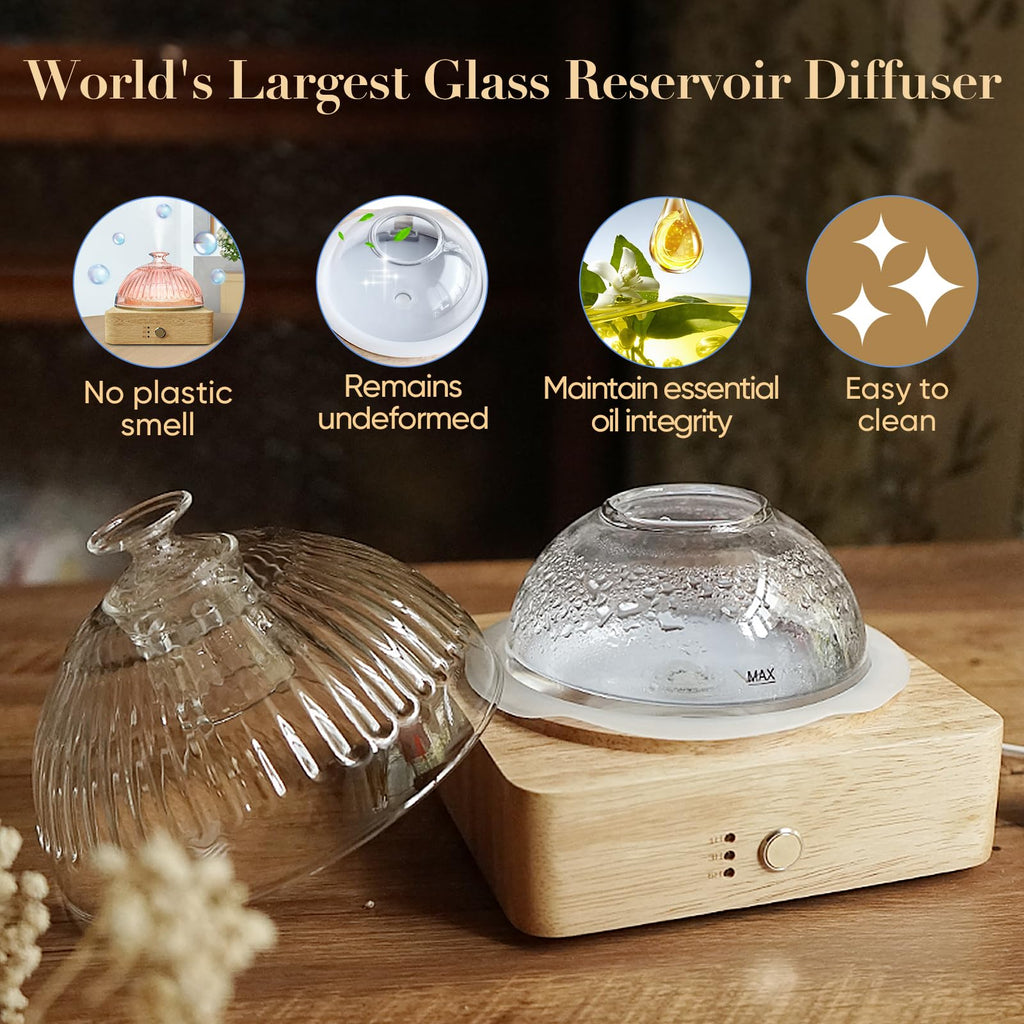 Glass Dome Essential Oil Diffuser with Glass Reservoir & Wood Base - No Plastic, 200ml Ultrasonic Diffuser for Aromatherapy with