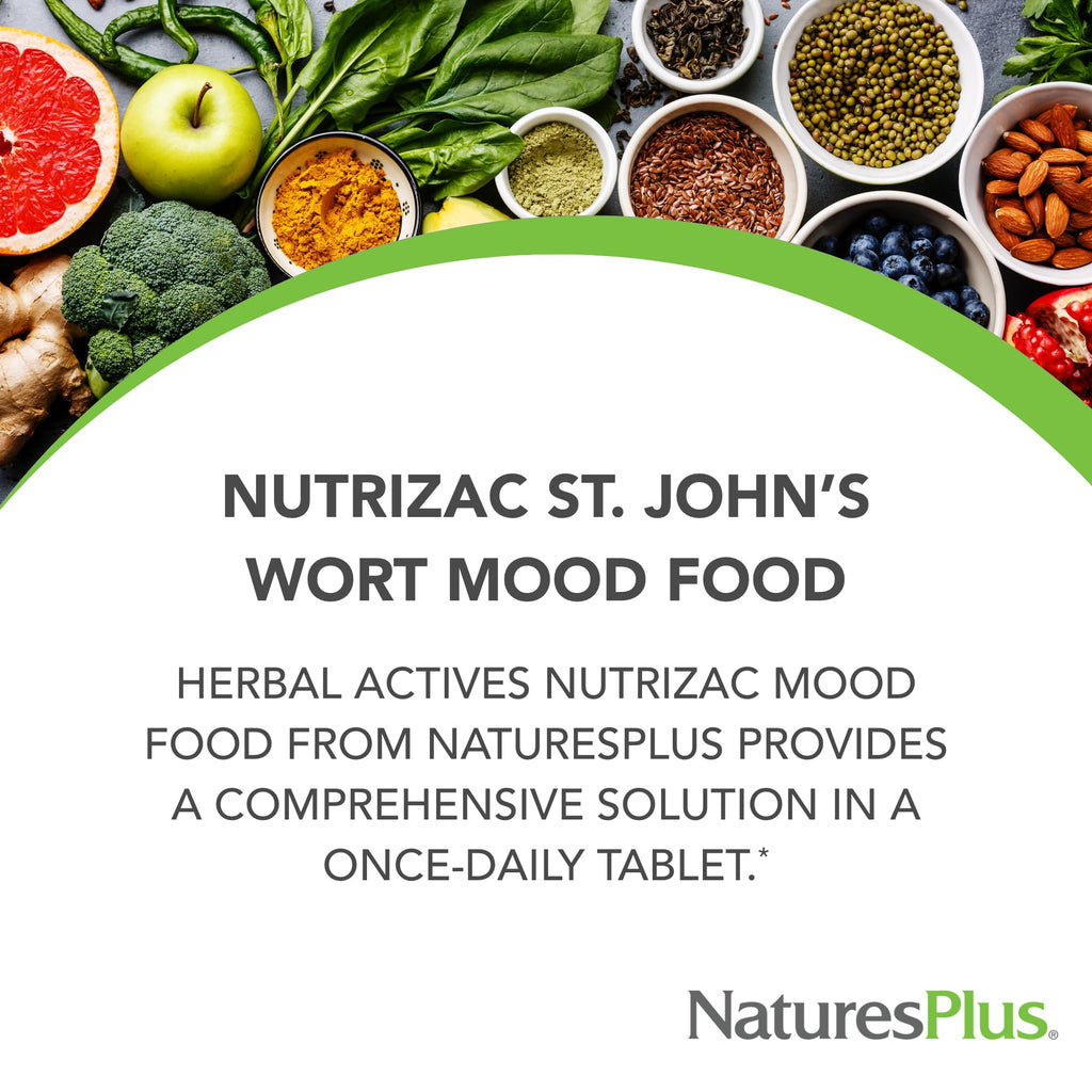 Natures Plus Herbal Actives NutriZAC Mood Food - 300 mg St Johns Wort, 90 Vegan Bi-Layered Tablets - Maximum Potency Natural Moo