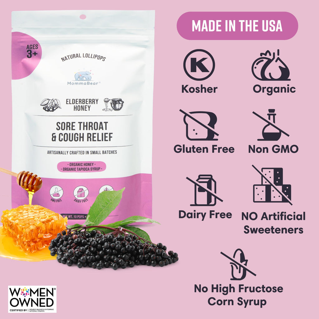 MommaBear Organics Handcrafted Kids Cough Lollipops - Natural Sore Throat Relief & Cough Drop Suckers for Kids 3+ - Elderberry B