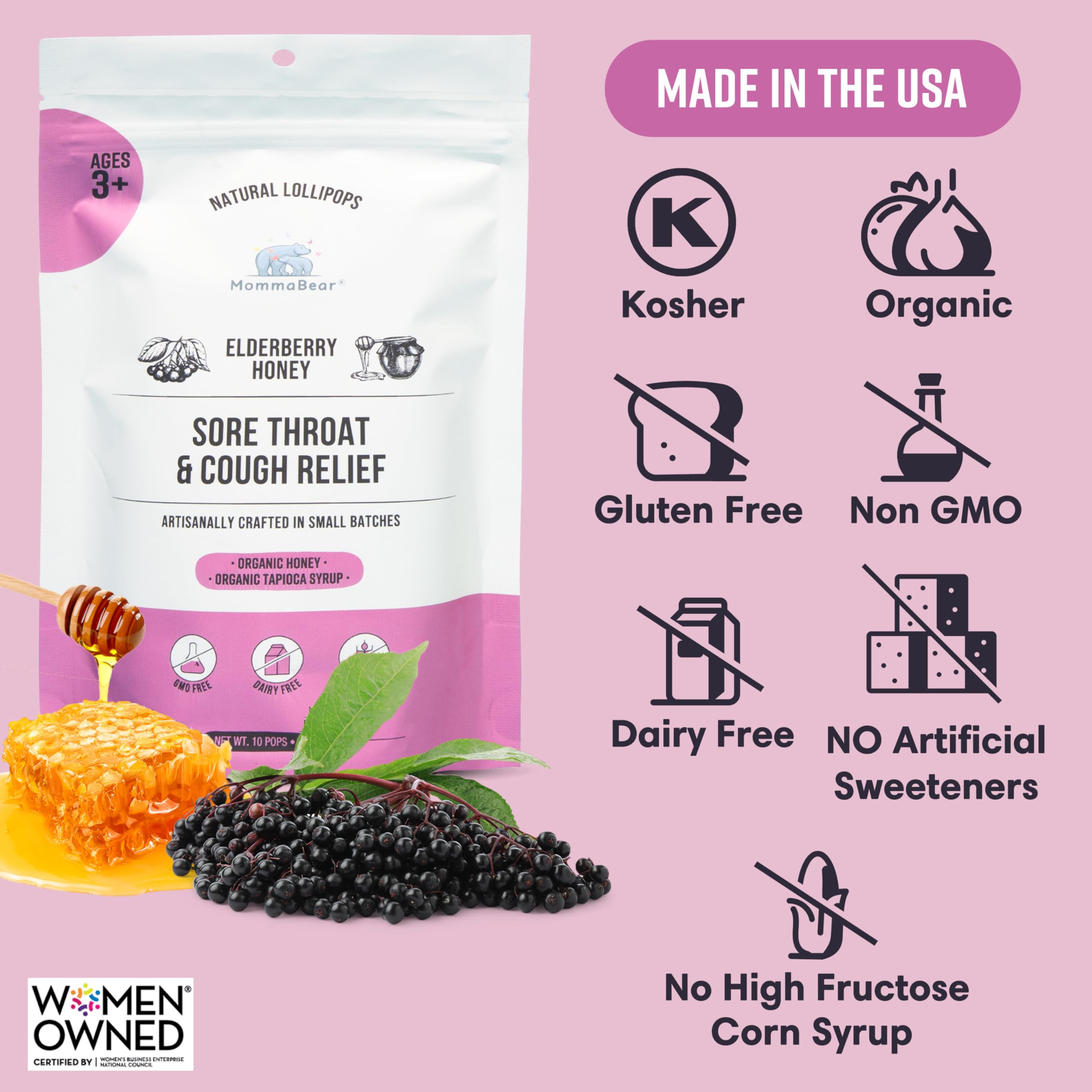 MommaBear Organics Handcrafted Kids Cough Lollipops - Natural Sore Throat Relief & Cough Drop Suckers for Kids 3+ - Elderberry B