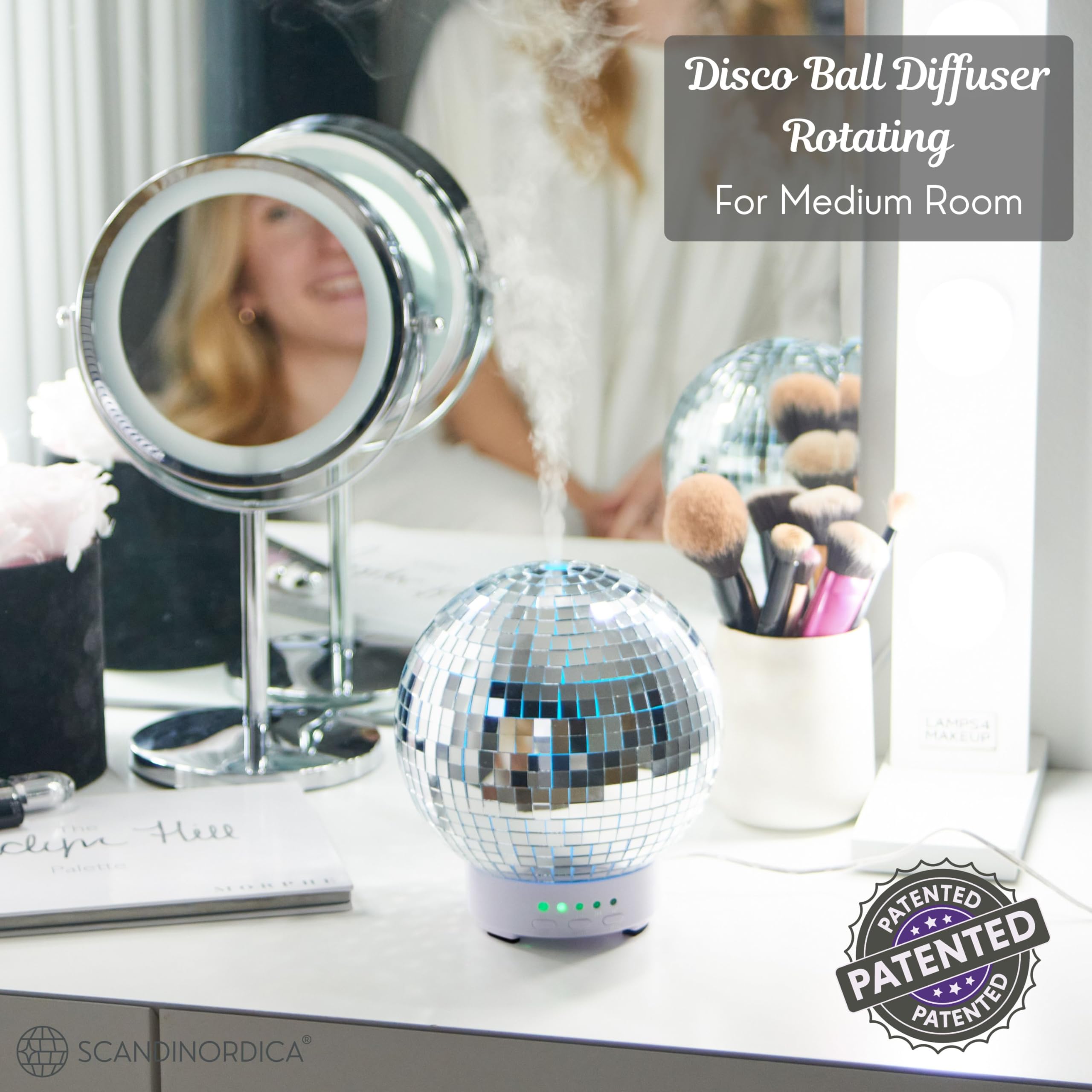 SCANDINORDICA Disco Ball Diffuser - Original Rotating Disco Essential Oil Diffuser with Whisper Quiet Operation, 14 Color Night