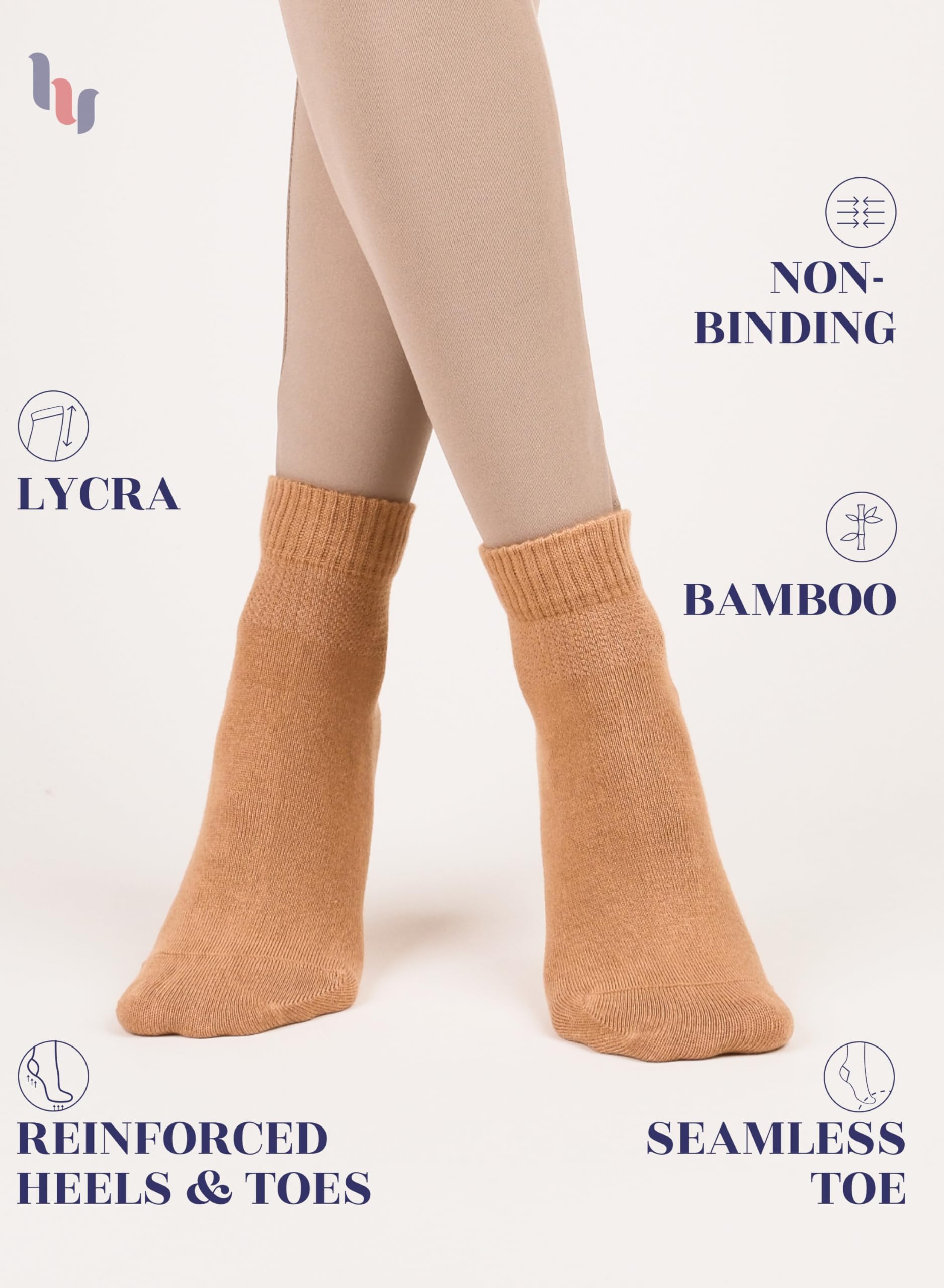 Hugh Ugoli Women Diabetic Ankle Socks, Super Soft & Thin Bamboo Socks, Wide & Loose, Non-Binding Top & Seamless Toe, 4 Pairs, Ha