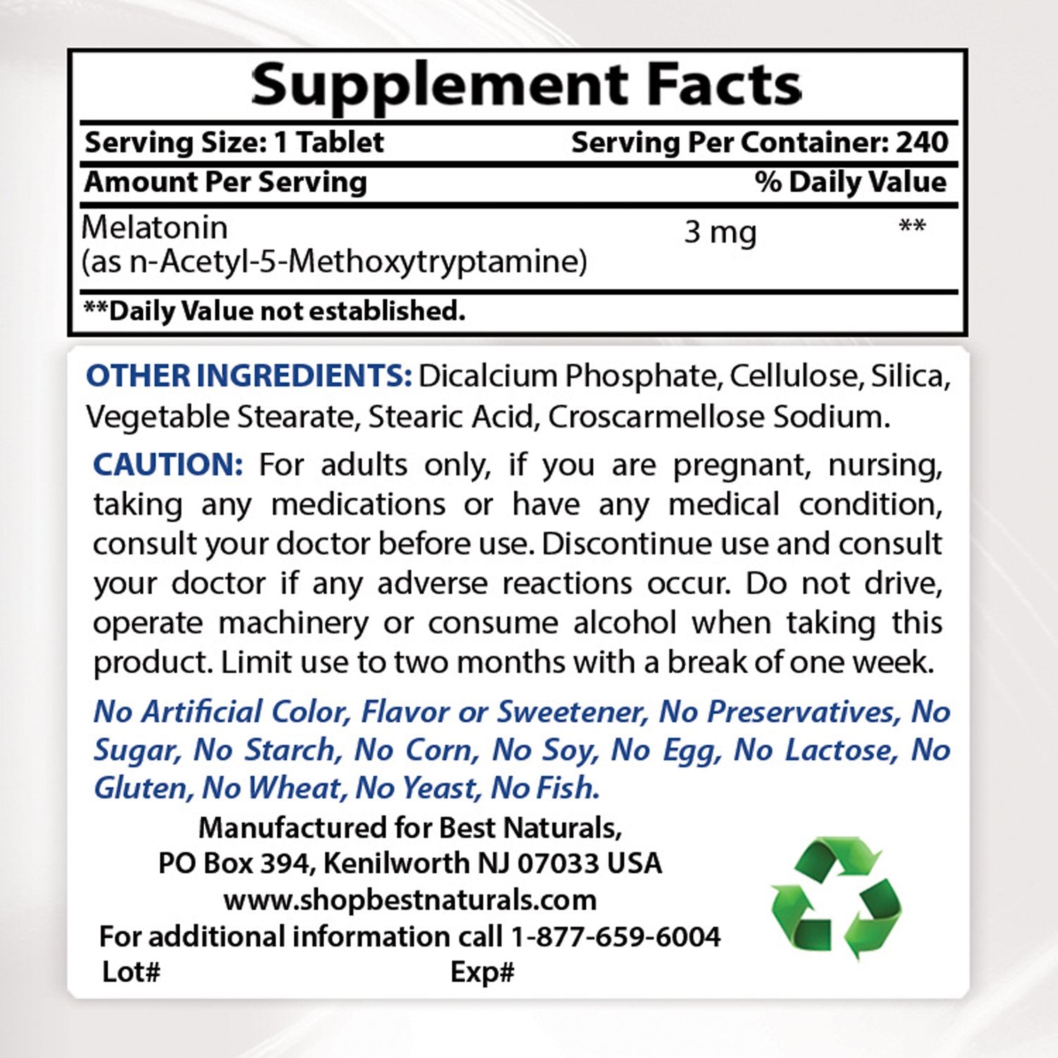 Best Naturals Melatonin 3mg 240 Tablets