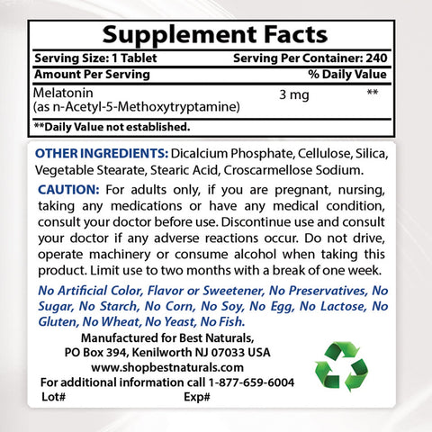 Best Naturals Melatonin 3mg 240 Tablets