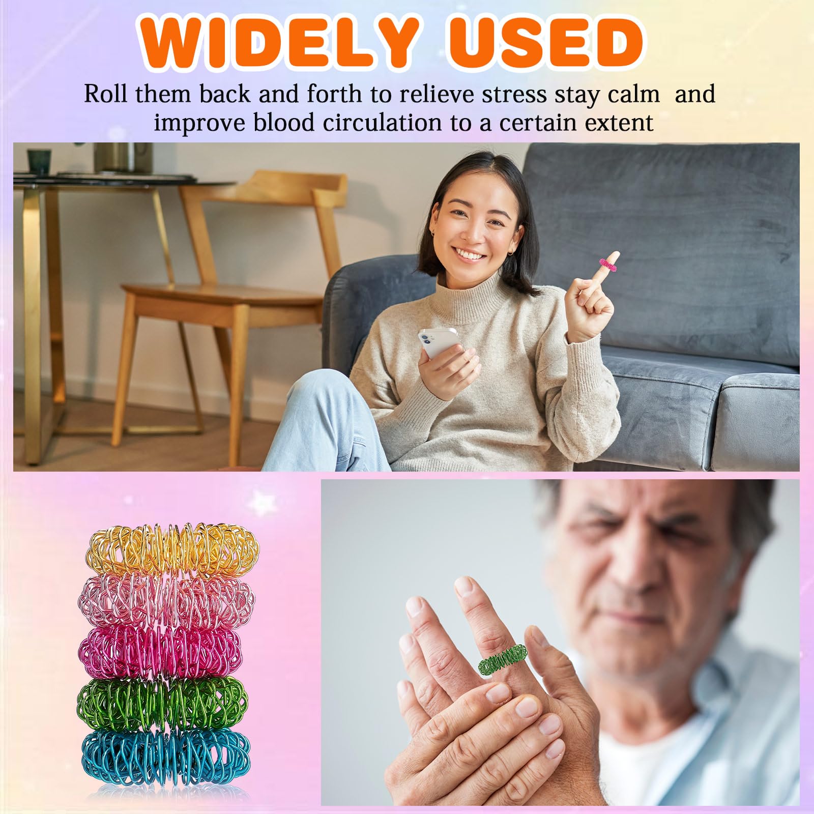 100 Pack Spiky Sensory Finger Rings, Acupressure Spiky Sensory Finger Rings for Adults, Silent Stress Reducer and Massager Fidge
