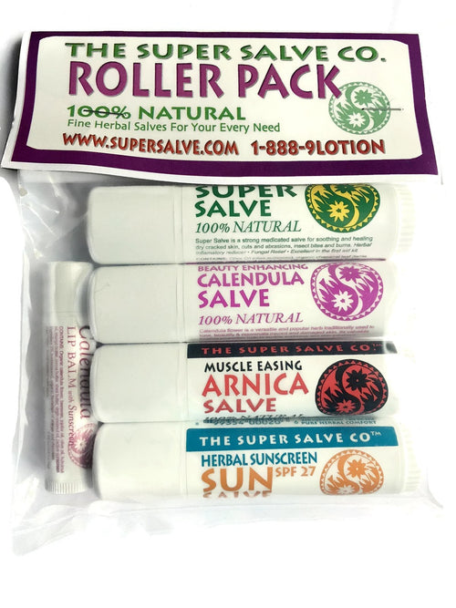 Super Salve Co. 100% Natural Herbal Travel Salves and Lip Salve Balm- Super Salve, Calendula Salve, Arnica Salve, Sun Salve (Sal