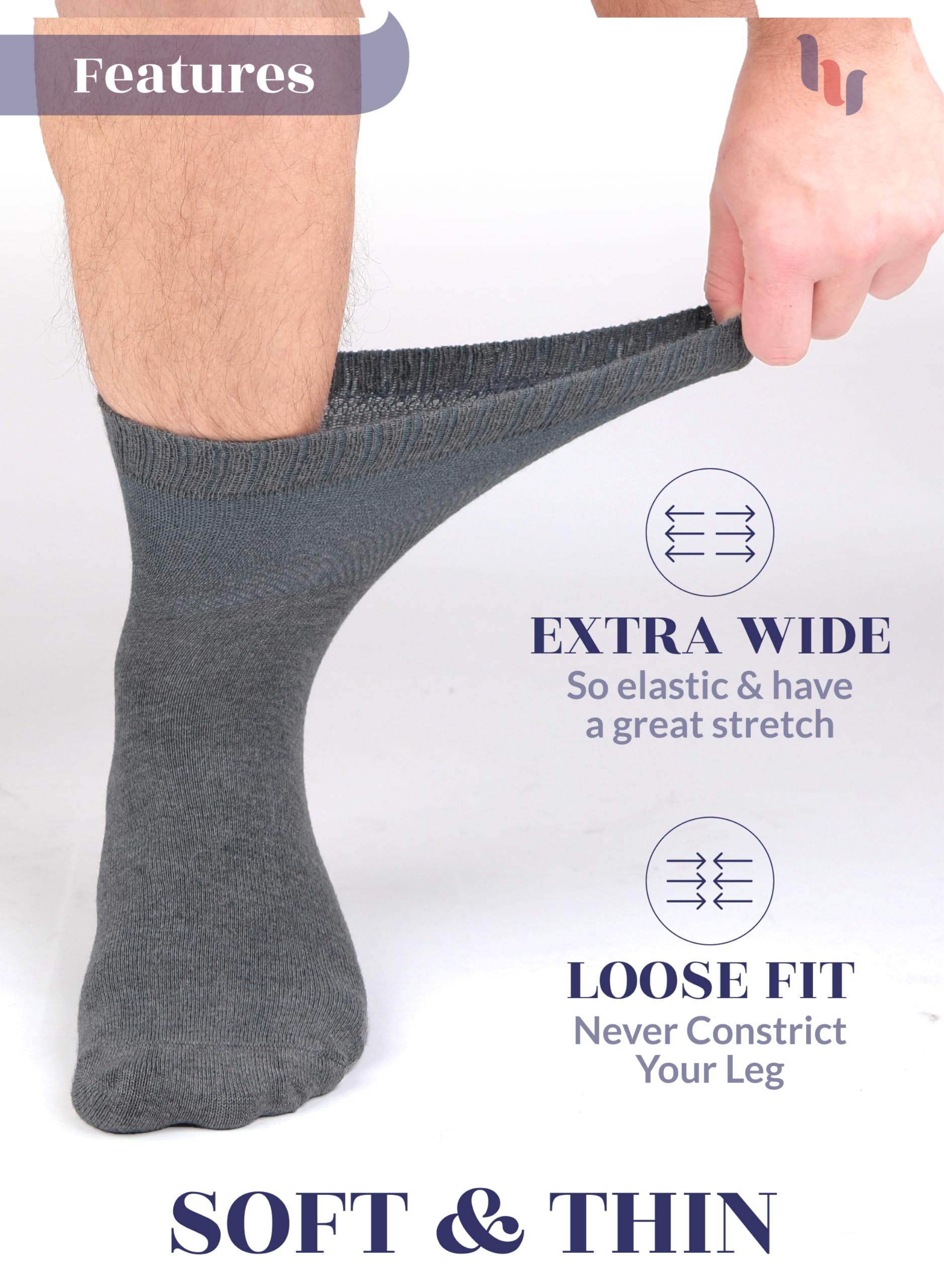 Hugh Ugoli Diabetic Socks for Men, Loose Ankle Socks Bamboo, Extra-Wide, Thin, Seamless Toe and Non-Binding Top, 4 Pairs, Melang