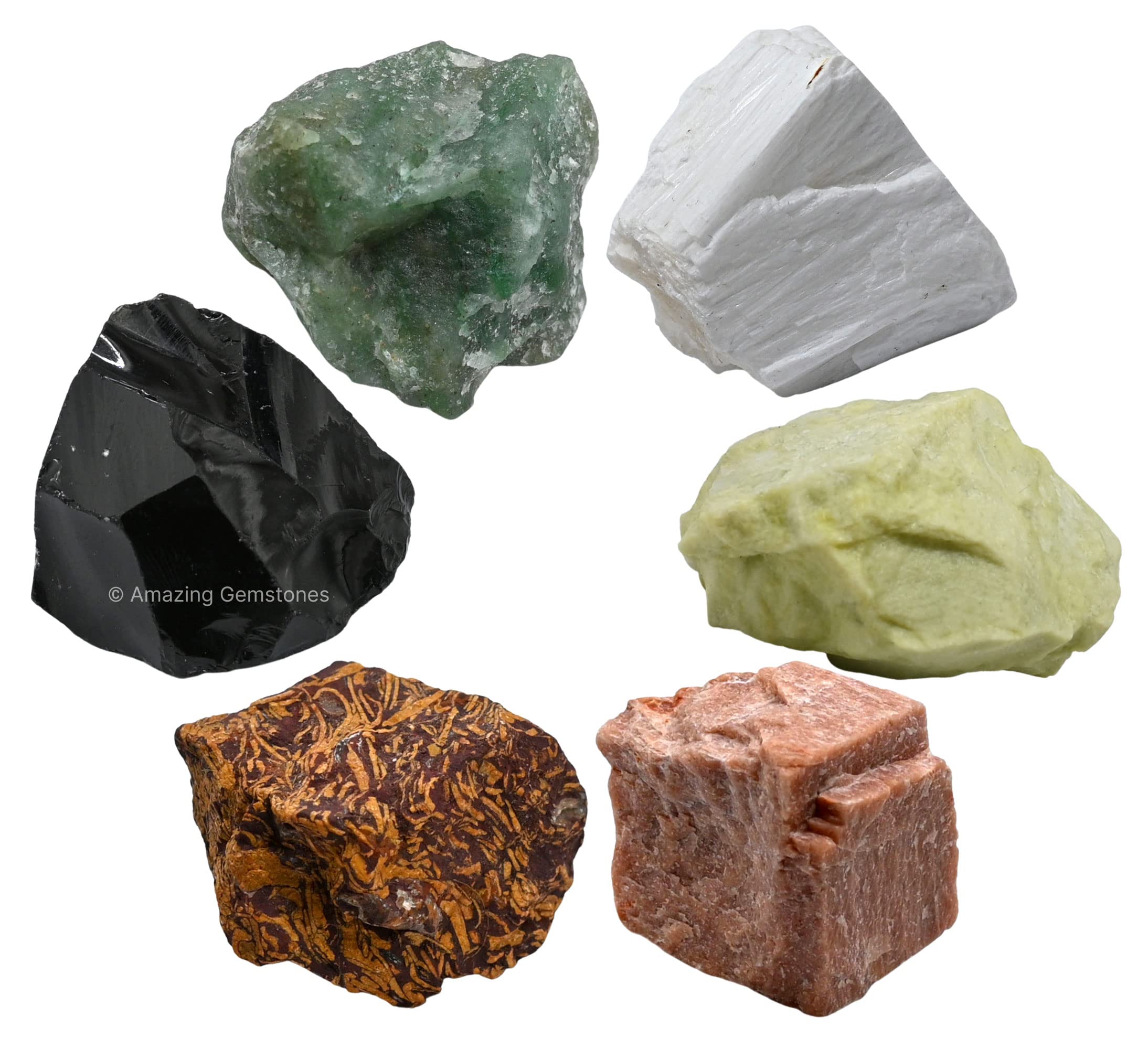 Crystals for Breaking Attachments Manifestation, Set of 6 Green Aventurine, Black Obsidian, Scolecite, Peach Moonstone, Mariyam 