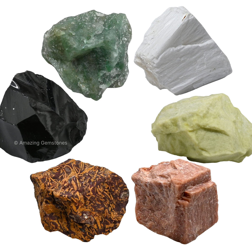 Crystals for Breaking Attachments Manifestation, Set of 6 Green Aventurine, Black Obsidian, Scolecite, Peach Moonstone, Mariyam 