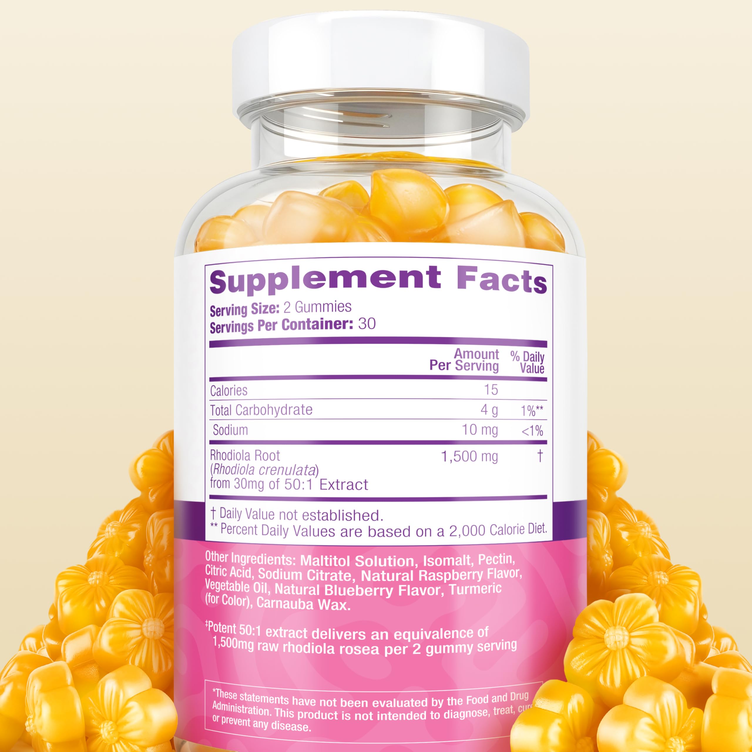 Sugar-Free Rhodiola Rosea Gummies (1500mg/Serving) Adaptogenic Rhodiola Rosea Supplement & Cortisol Blocker for Performance, Sta