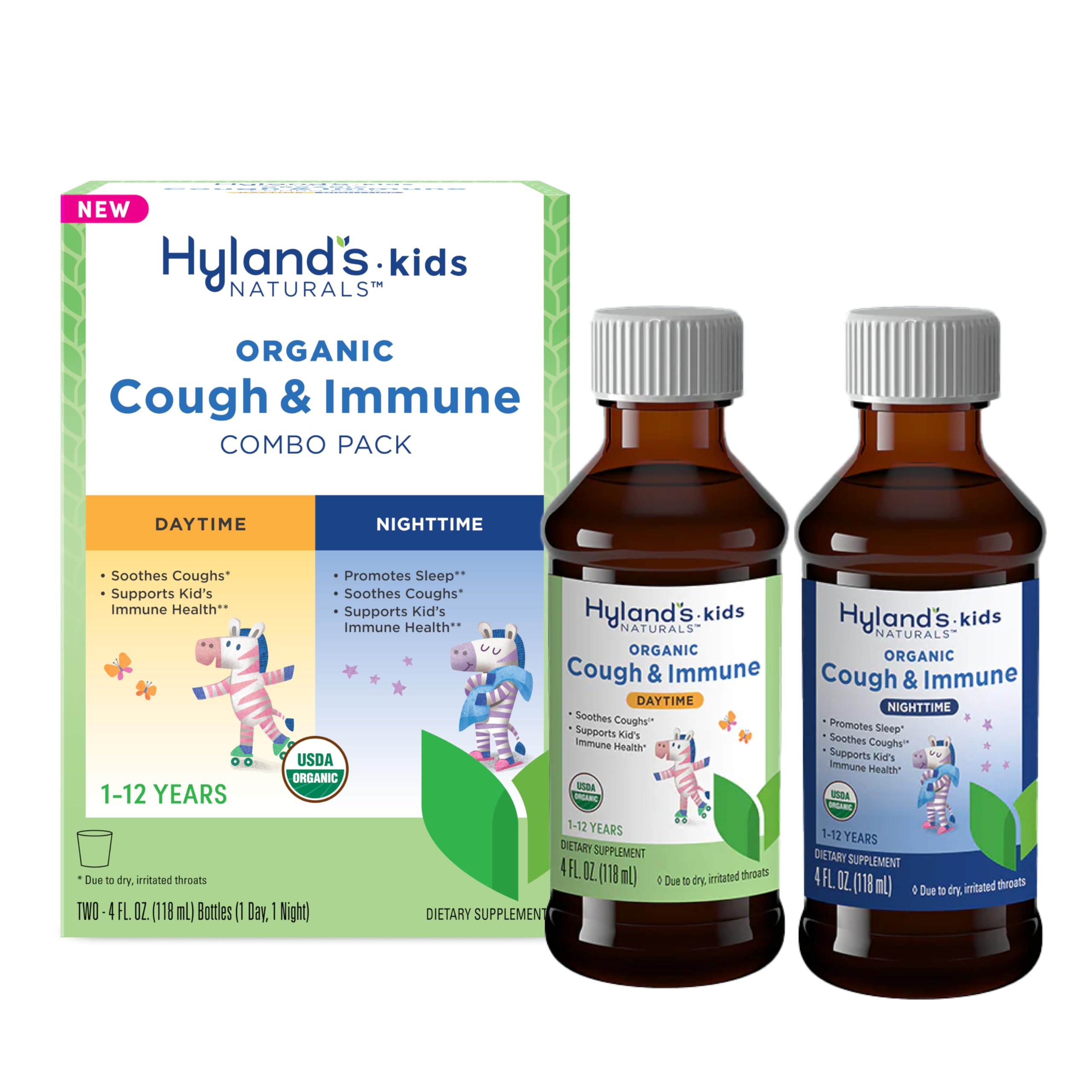 Hylands Kids Organic Cough and Immune Day and Night Combo Pack, Eases Coughs, Supports Immunity, Promotes Sleep, Two 4 Fl Oz. B