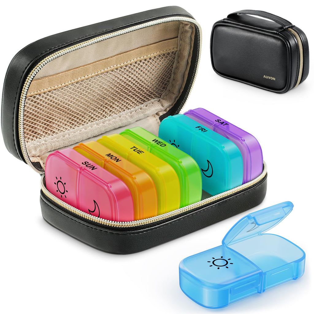 AUVON Weekly Pill Organizer 2 Times a Day with PU Leather Bag, Travel AM PM Pill Box 7 Day with One-Side Large Opening Design fo
