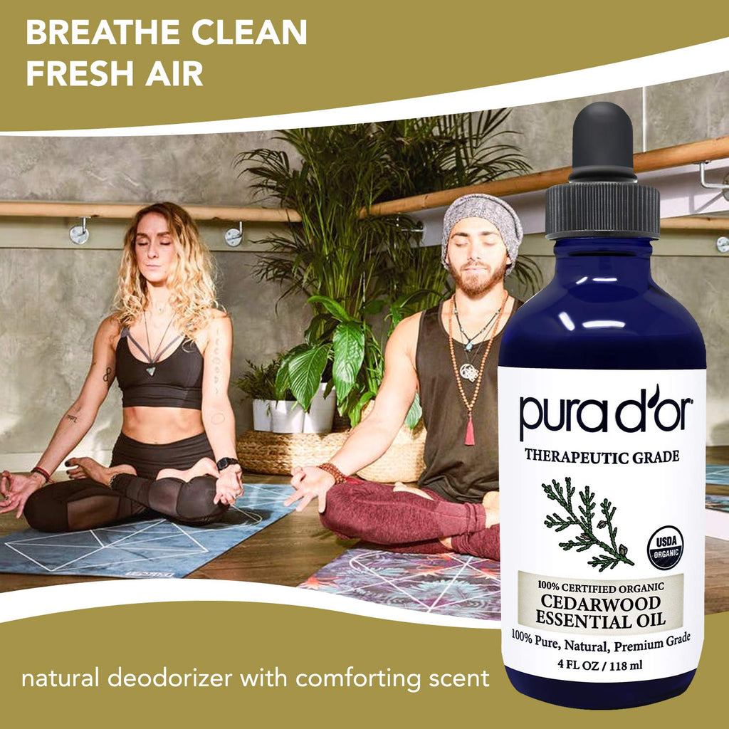 PURA DOR Organic Cedarwood Essential Oil (4oz with Glass Dropper) 100% Pure & Natural Therapeutic Grade for Hair, Body, Skin, A