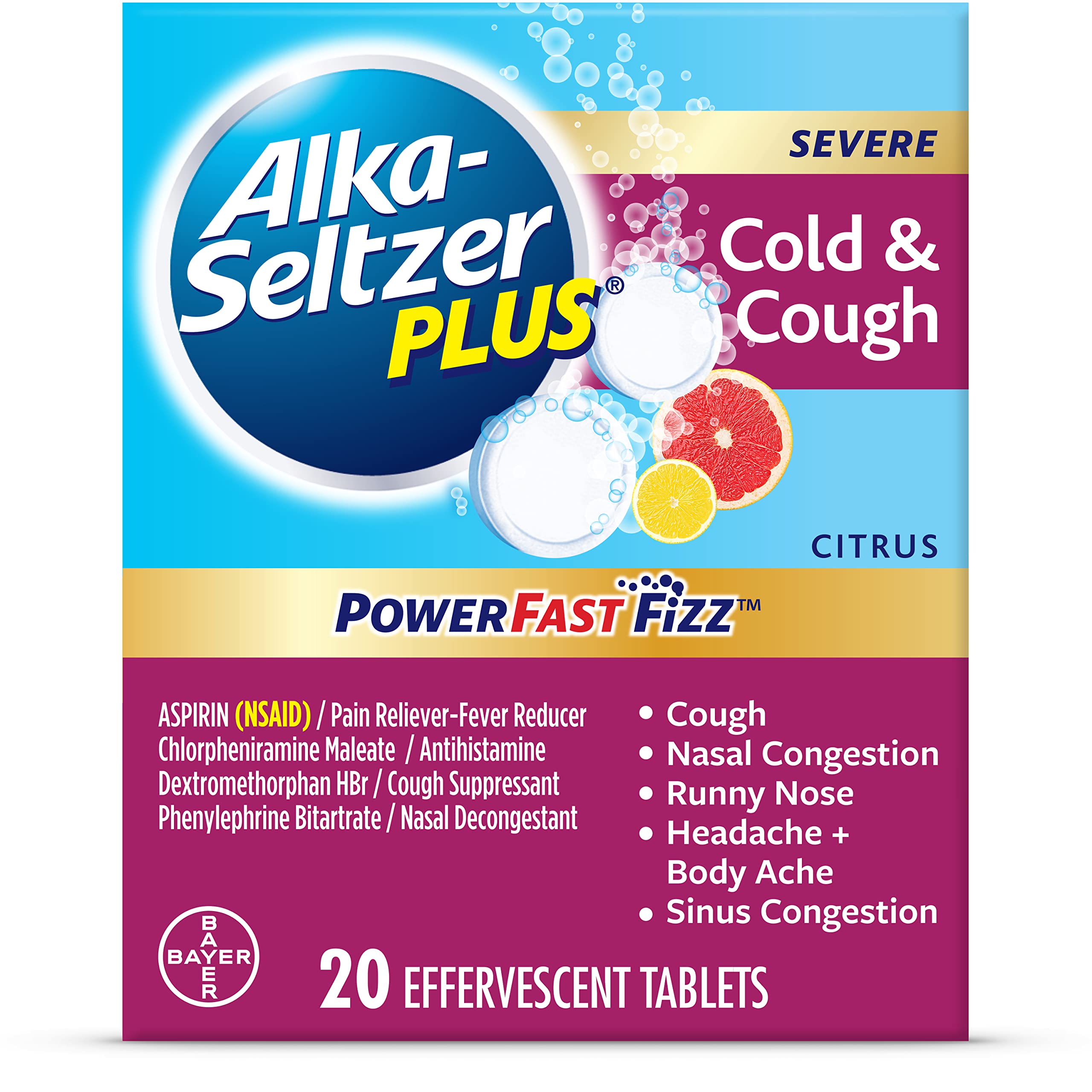 ALKA SELTZER PLUS Severe Non-Drowsy cold  cough Powerfast Fizz Effervescent common cold Tablets, Sinus congestion, Runny Nose, a