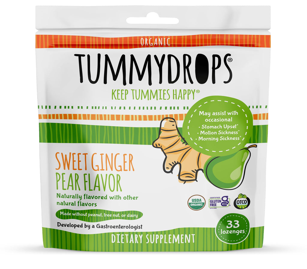 USDA Organic Sweet Ginger Pear Tummydrops, Gluten Free & Vegan. 33 Individually Wrapped Organic Ginger Lozenges in a Resealable 