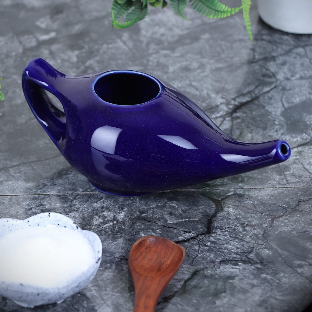 Qimacplus Leak Proof Durable Porcelain Ceramic Neti Pot Hold 230 Ml Water Comfortable Grip with 10 Sachet Neti Salt | Eco Friend