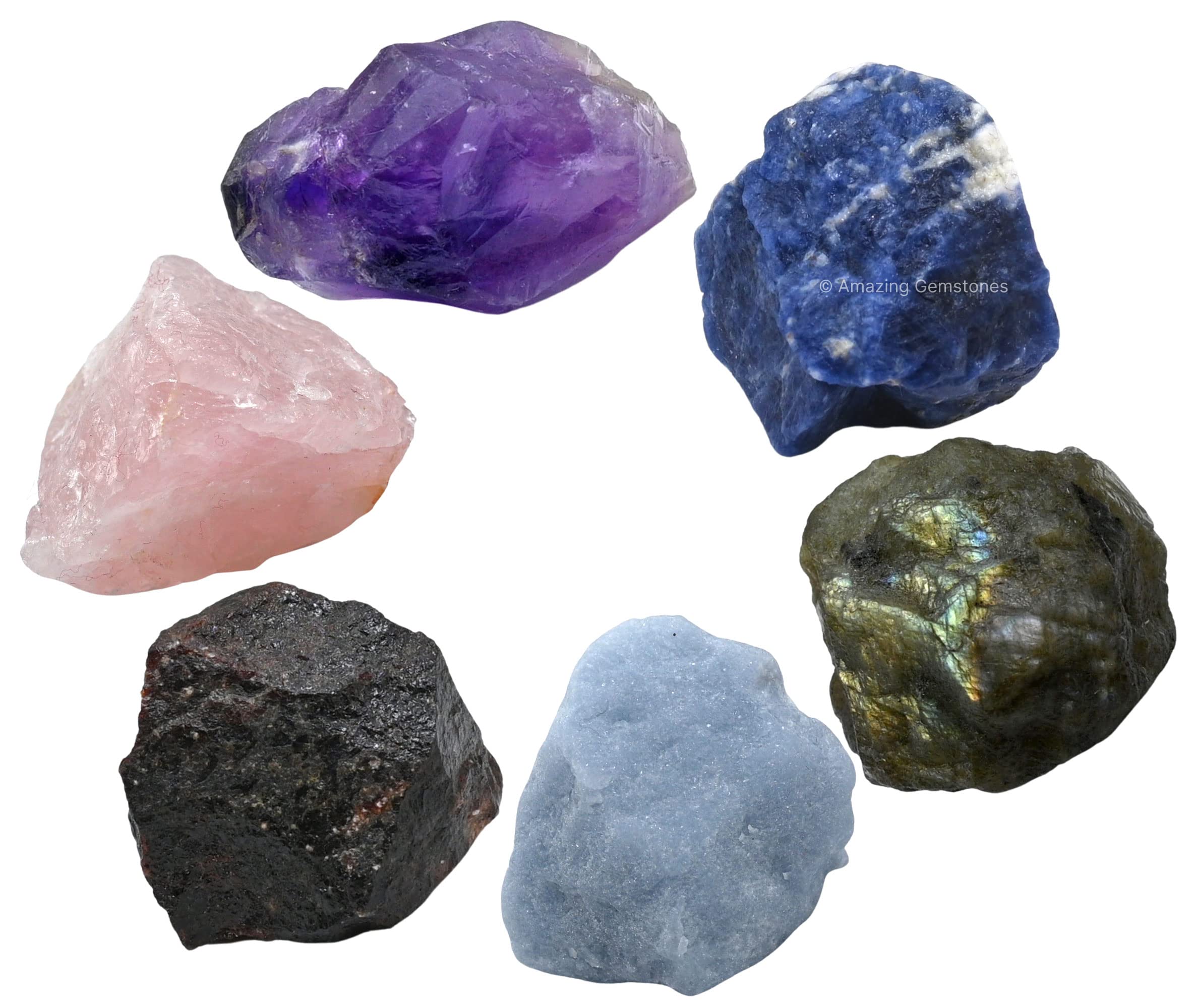 Crystals for Anxiety Manifestation, Set of 6 Amethyst, Sodalite, Labradorite, Angelite, Garnet and Rose Quartz Healing Crystals 
