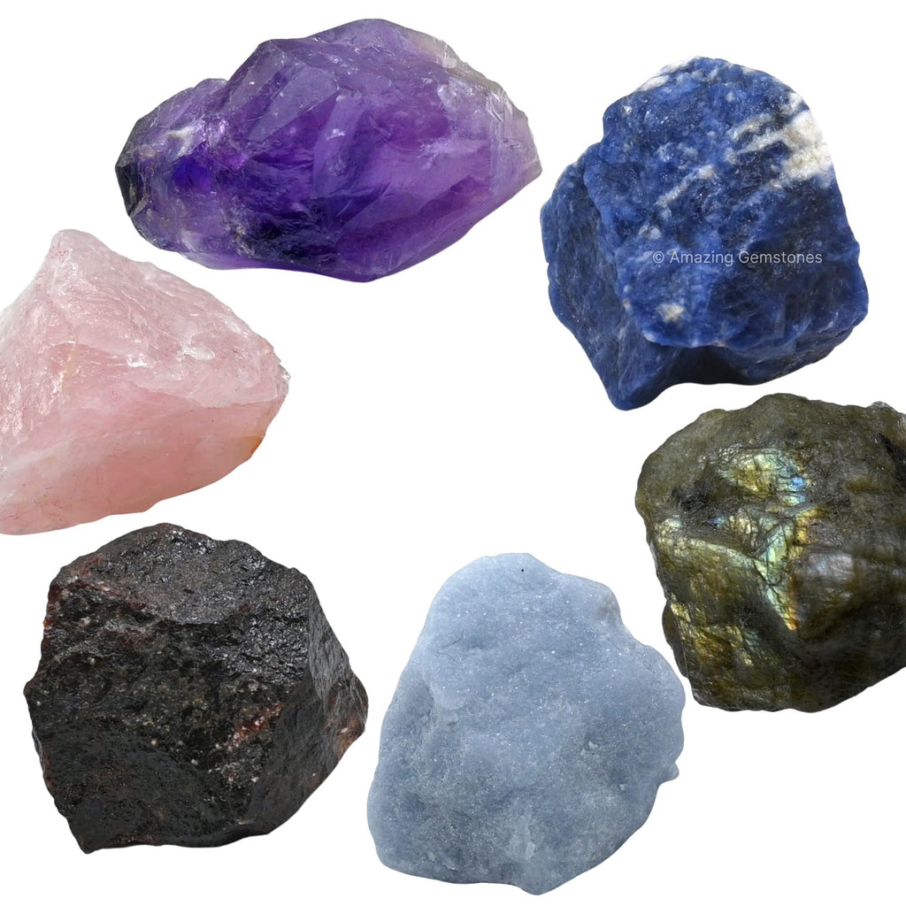 Crystals for Anxiety Manifestation, Set of 6 Amethyst, Sodalite, Labradorite, Angelite, Garnet and Rose Quartz Healing Crystals 