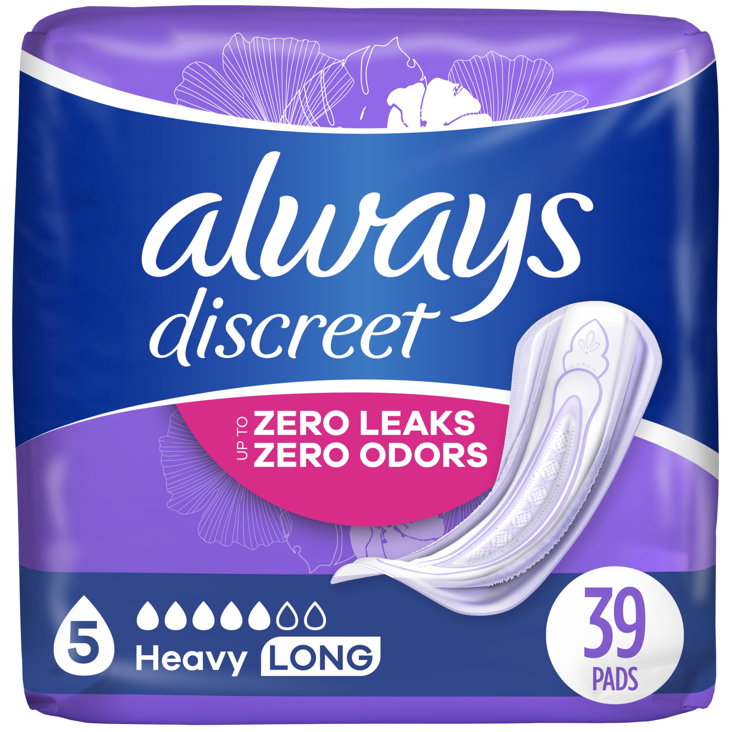 Always Discreet Adult Incontinence & Postpartum Pads For Women, Size 5, Heavy Absorbency, Long Length, 39 Count