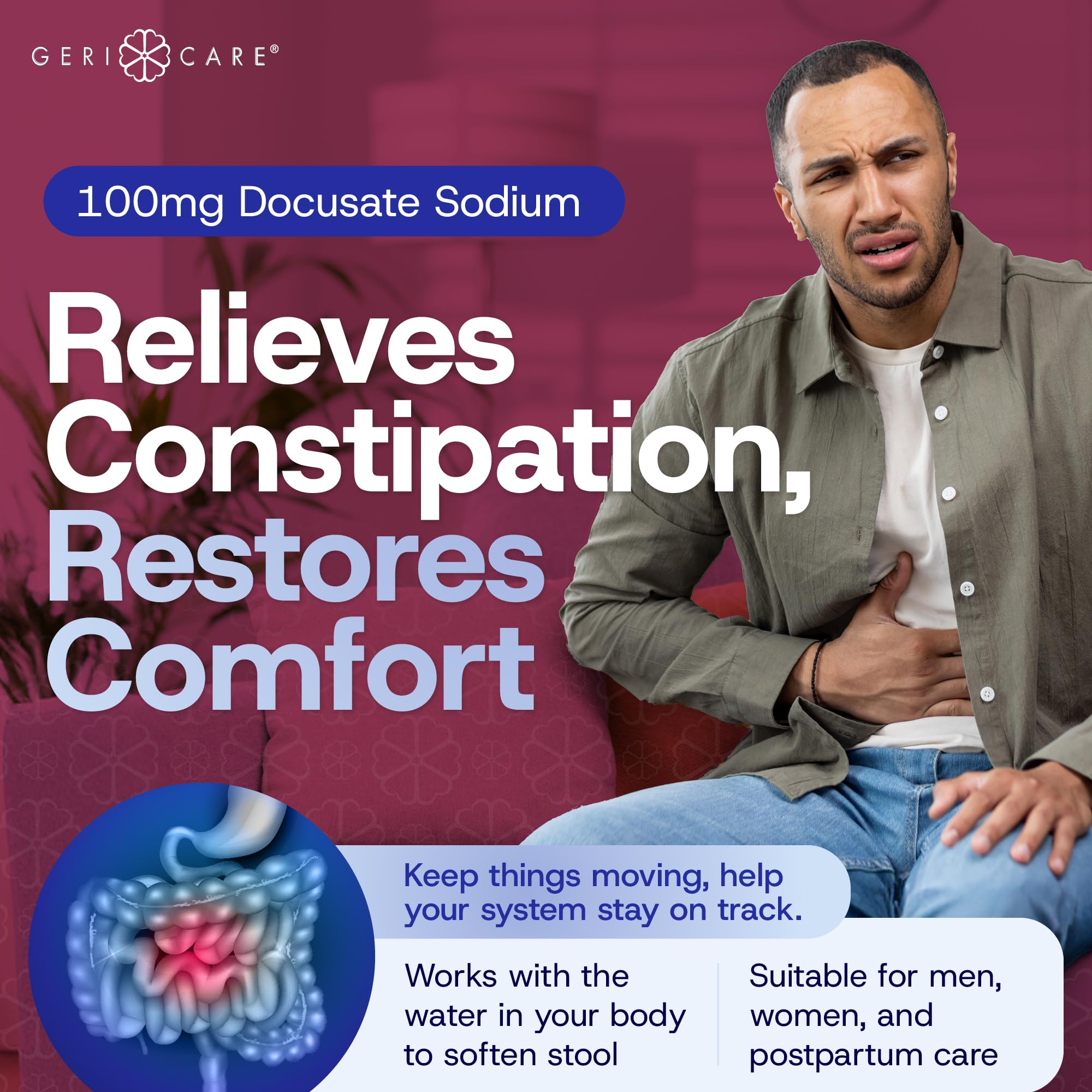 GeriCare Docusate Sodium Stool Softeners, Best Stool Softener for Daily use for Women, Men, and Elderly - Ideal for Constipation