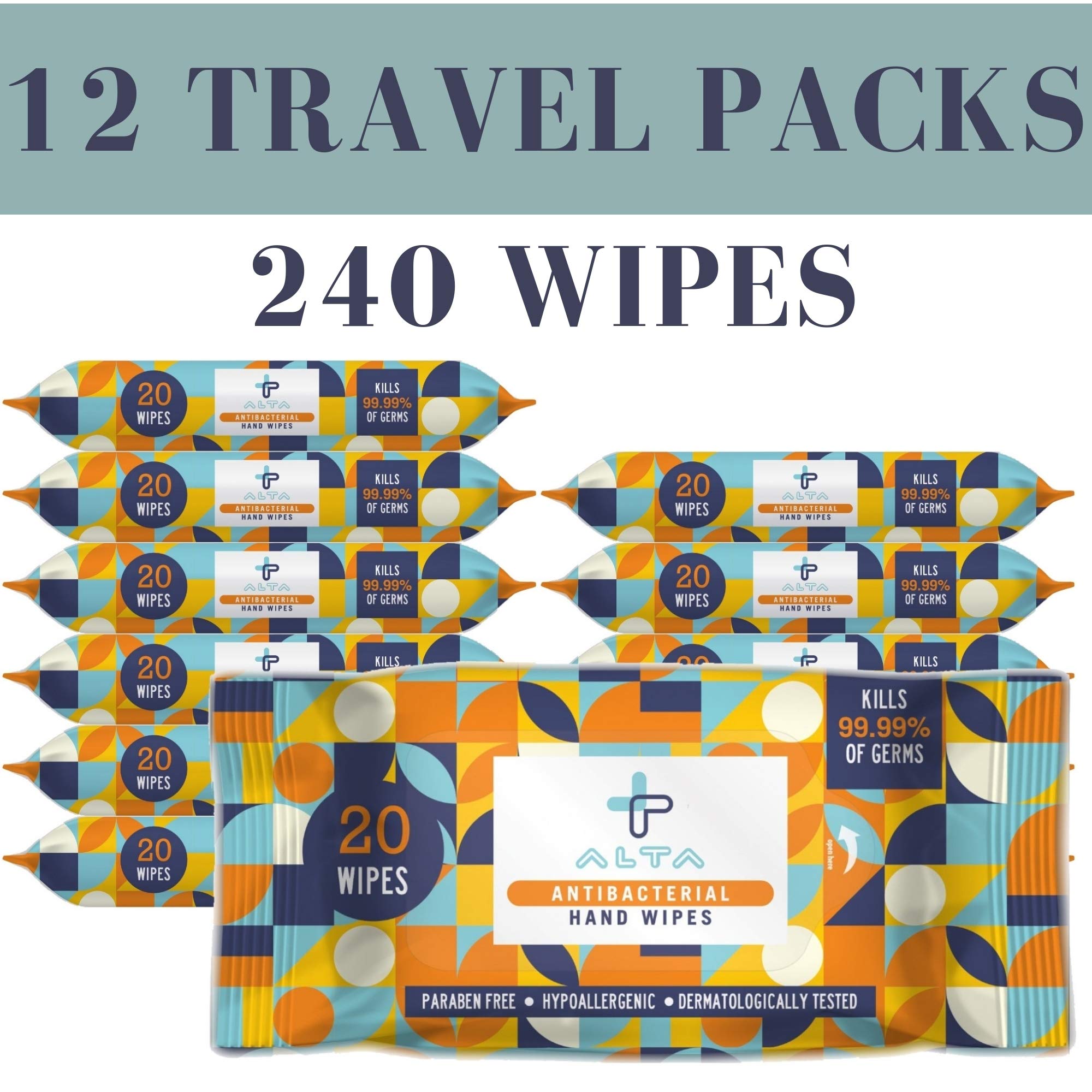 ALTA + Alcohol Free Hand Sanitizing Wipes, Travel Size, 20 Wipes, 12 Packs, Total 240 Pieces