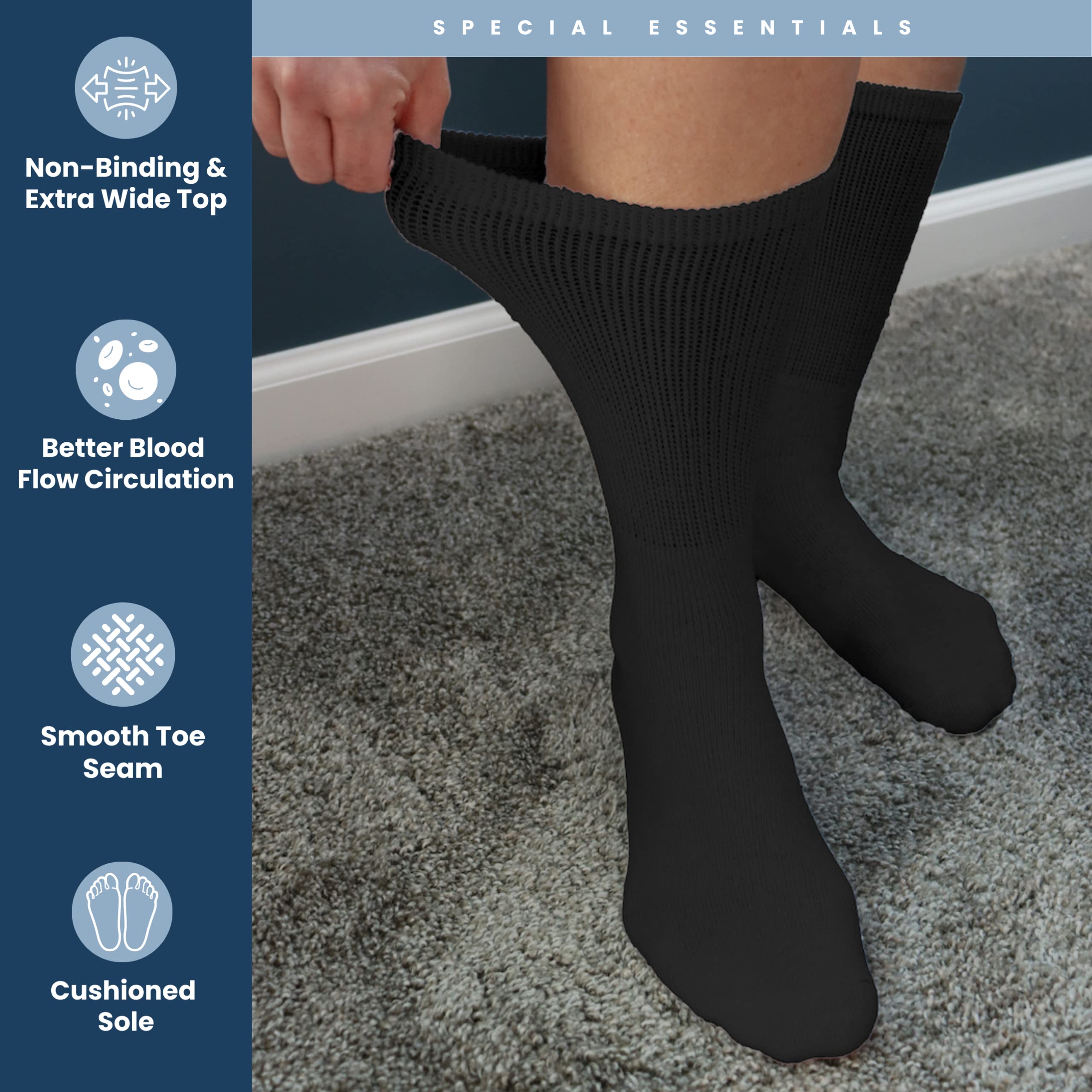 Special Essentials 12 Pairs Cotton Diabetic Socks for Men & Women - Non-Binding Extra Wide Top Neuropathy Socks - Crew Socks Bla
