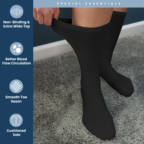 Special Essentials 12 Pairs Cotton Diabetic Socks for Men & Women - Non-Binding Extra Wide Top Neuropathy Socks - Crew Socks Bla