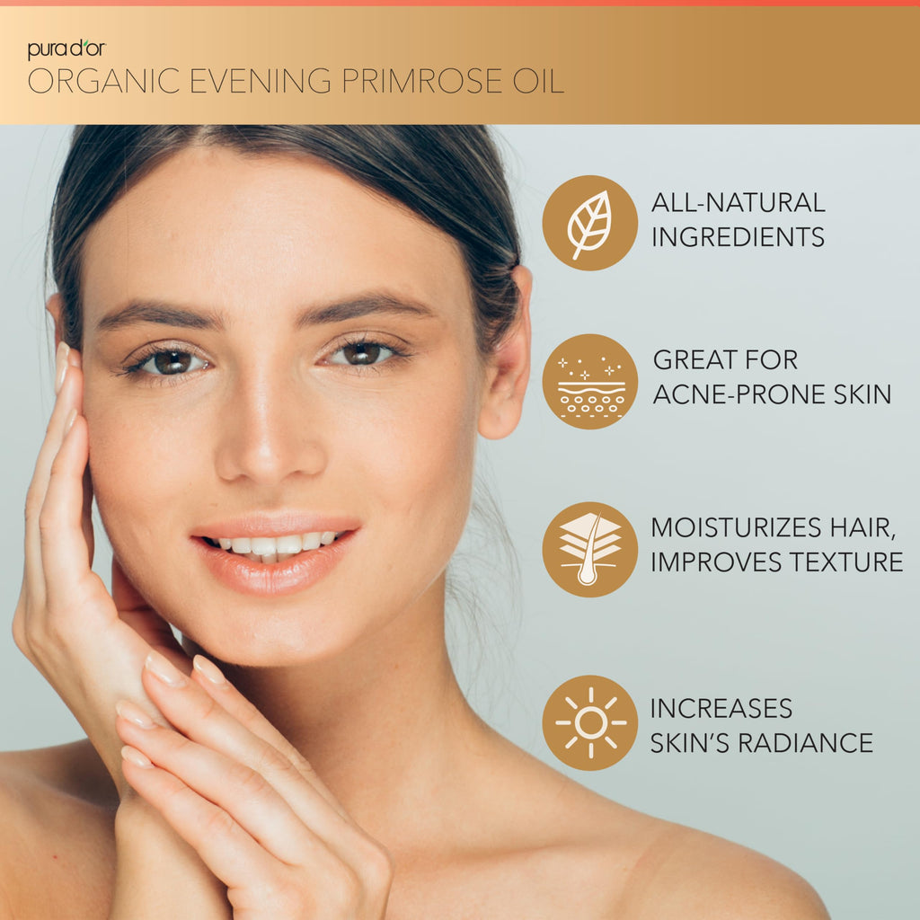 PURA DOR Organic Evening Primrose Oil (4oz) 100% Pure Cold Pressed w/Natural Essential Fatty Acids & Antioxidant Rich - Moistur