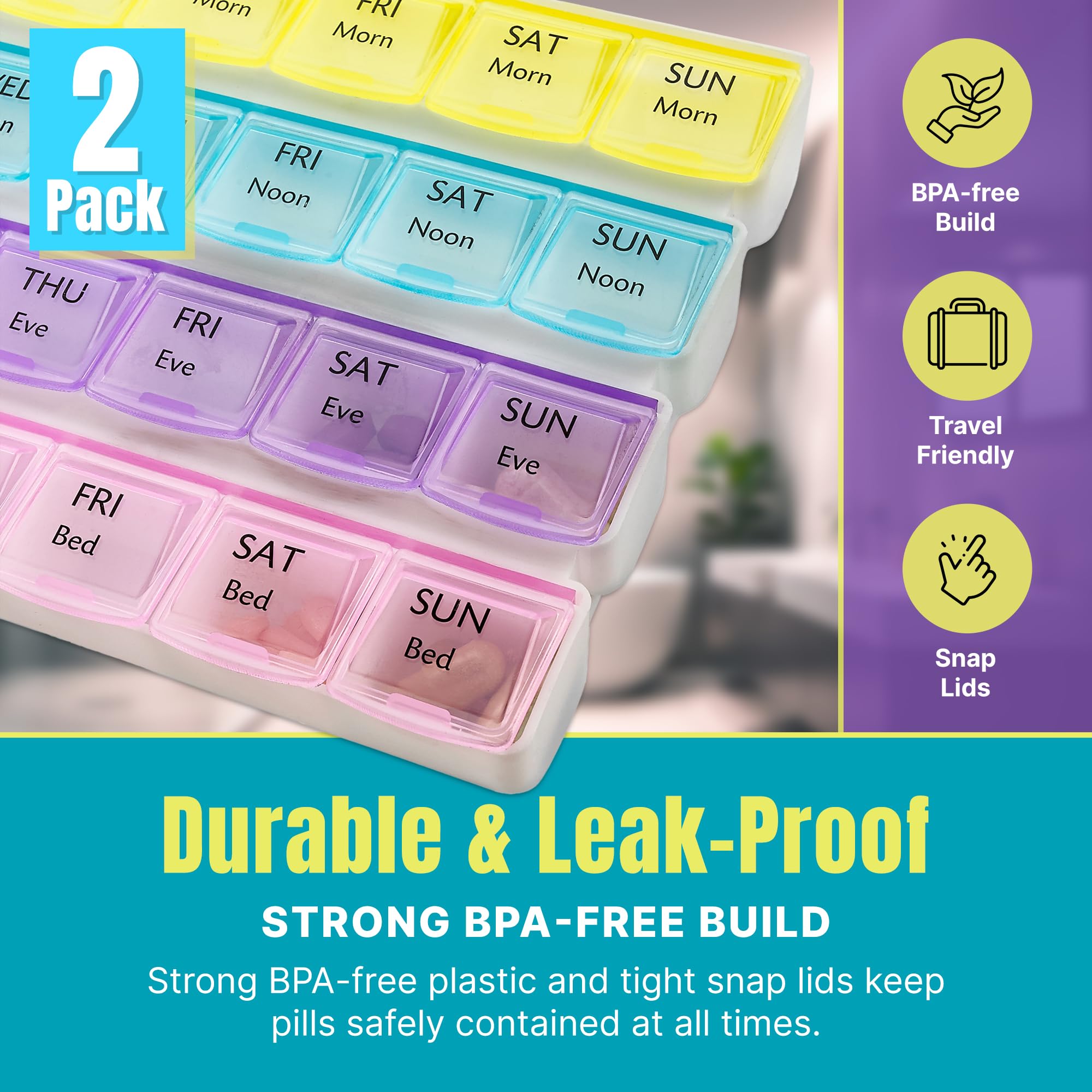 Weekly Pill Organizer - 4-Times-a-Day Pill Planner (Pack of 2) Pill Box Separates Pills & Vitamins with Daily Morning, Noon, Eve