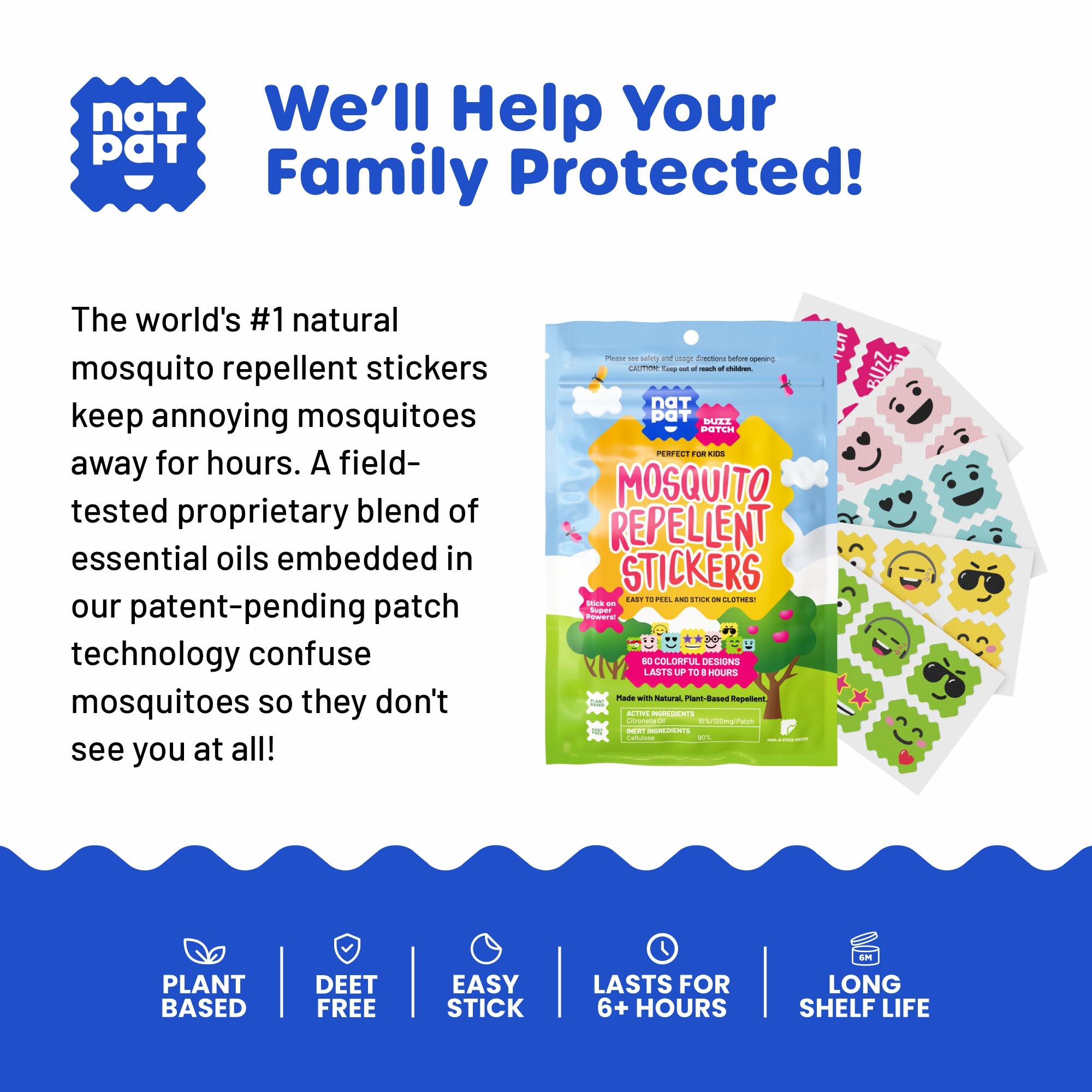 NATPAT Buzz Patch Mosquito Patch Stickers for Kids (60 Pack) - The Original All Natural Citronella Essential Oil Insect Patch, P