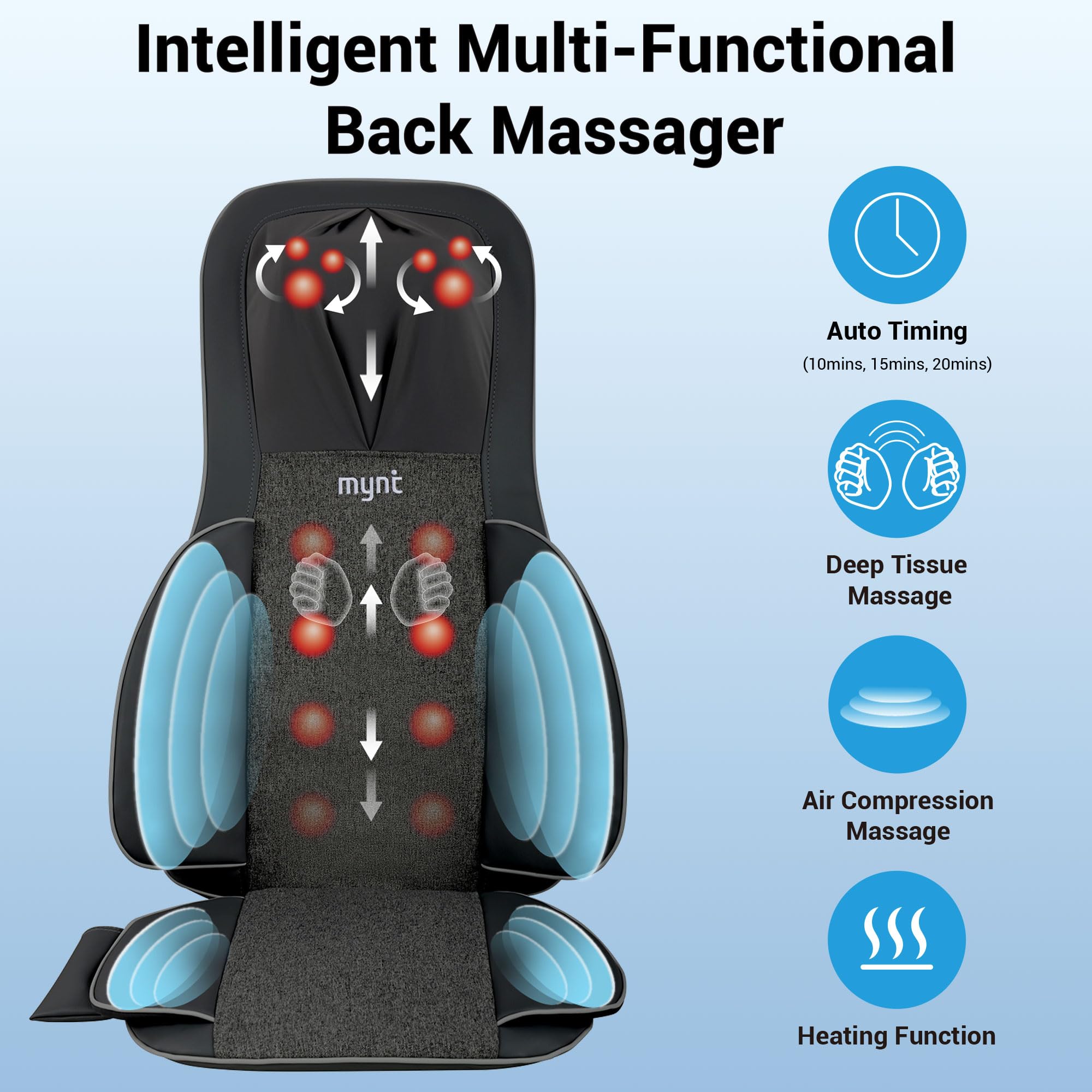 Mynt 3D Shiatsu Neck and Back Massager Cushion, Adjustable Compression Kneading Massage Chair Pad,Full Body Massager for Neck an
