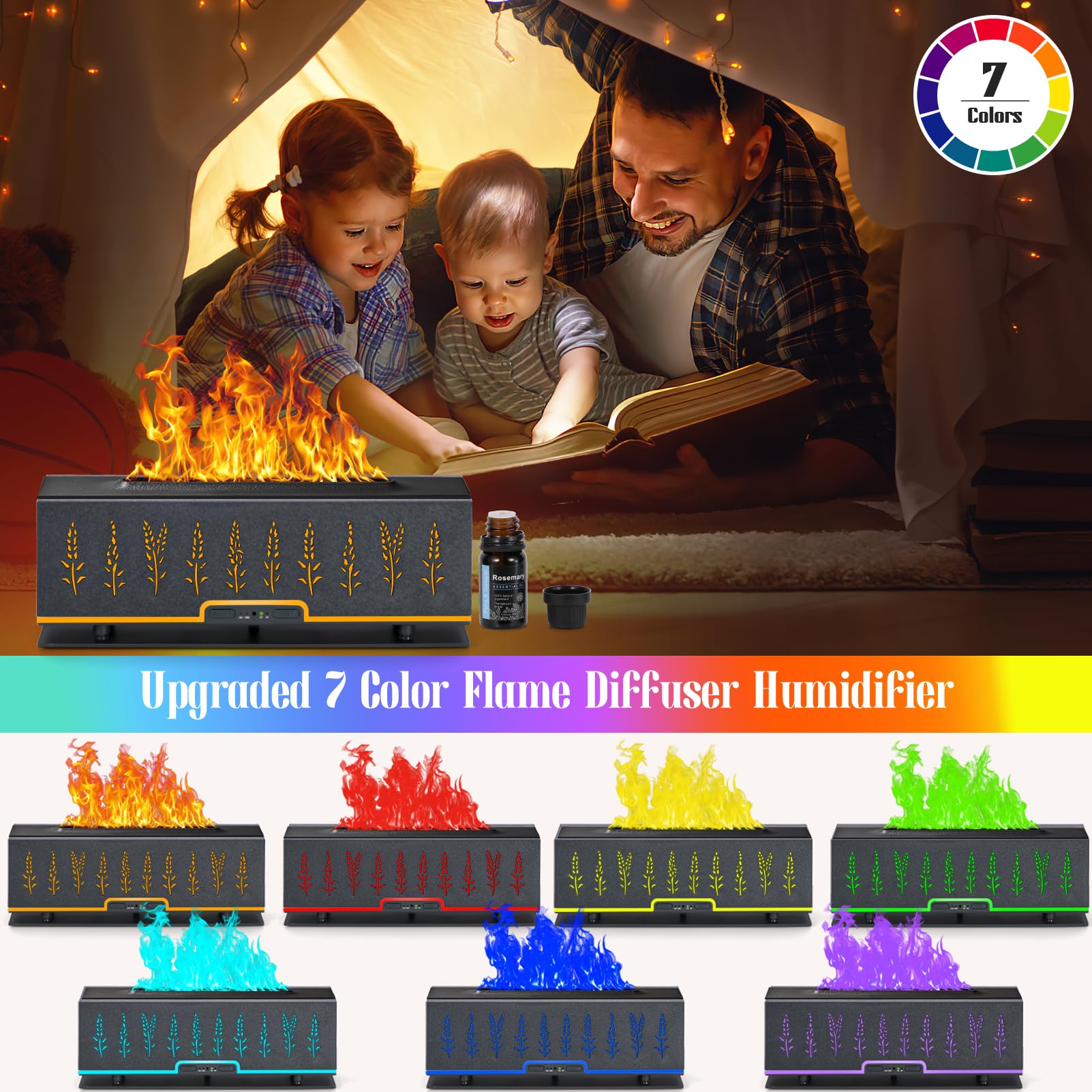 PANGPENG Colorful Essential Oil Diffuser, 7 Colors Flame Fire Diffuser, 200ML Ultra-Quiet Aromatherapy Diffuser with Remote Cont