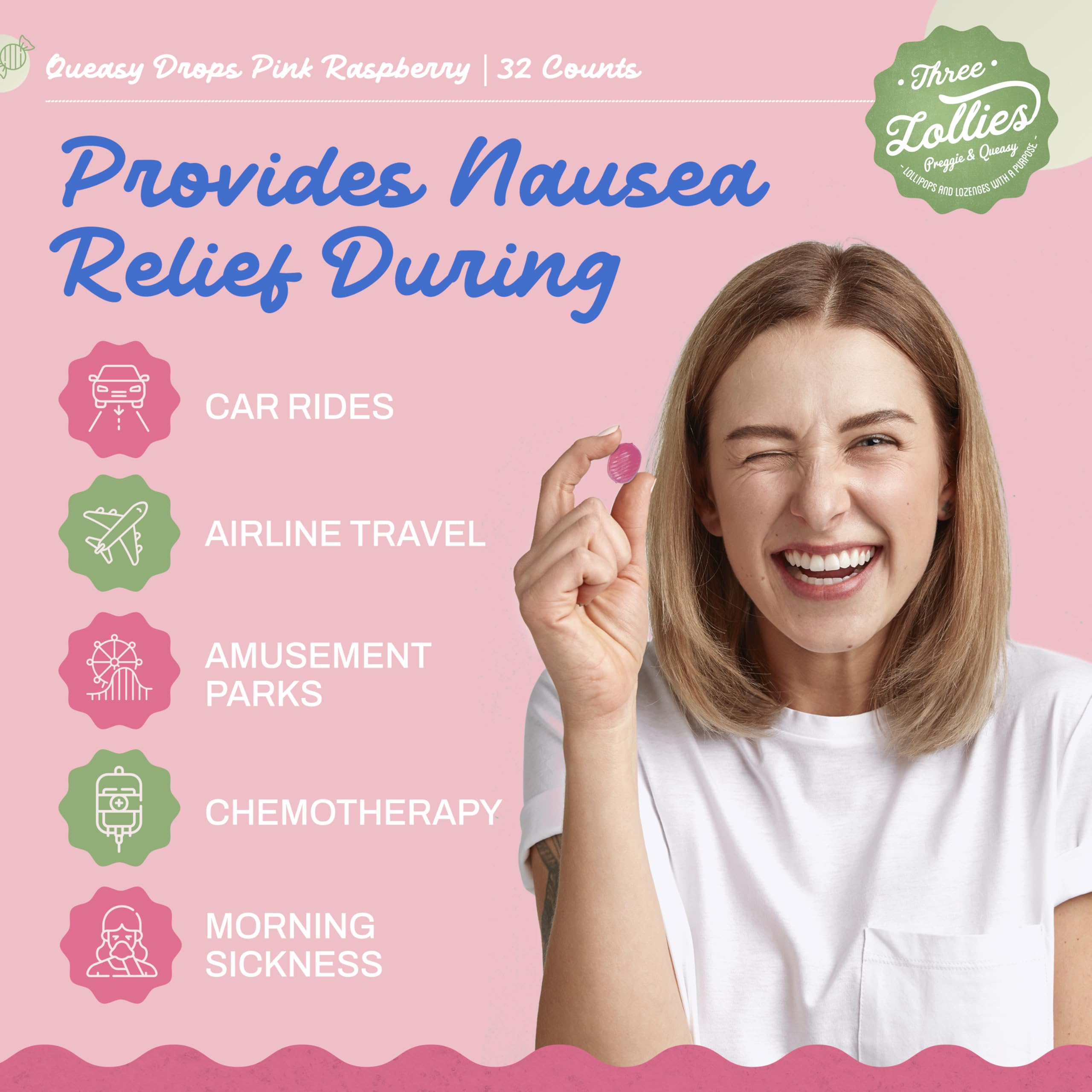 Three Lollies Queasy Drops - Pink Sour Raspberry Flavor - Travel Sickness & Nausea Relief, Soothes Stomach & Dry Mouth, Natural