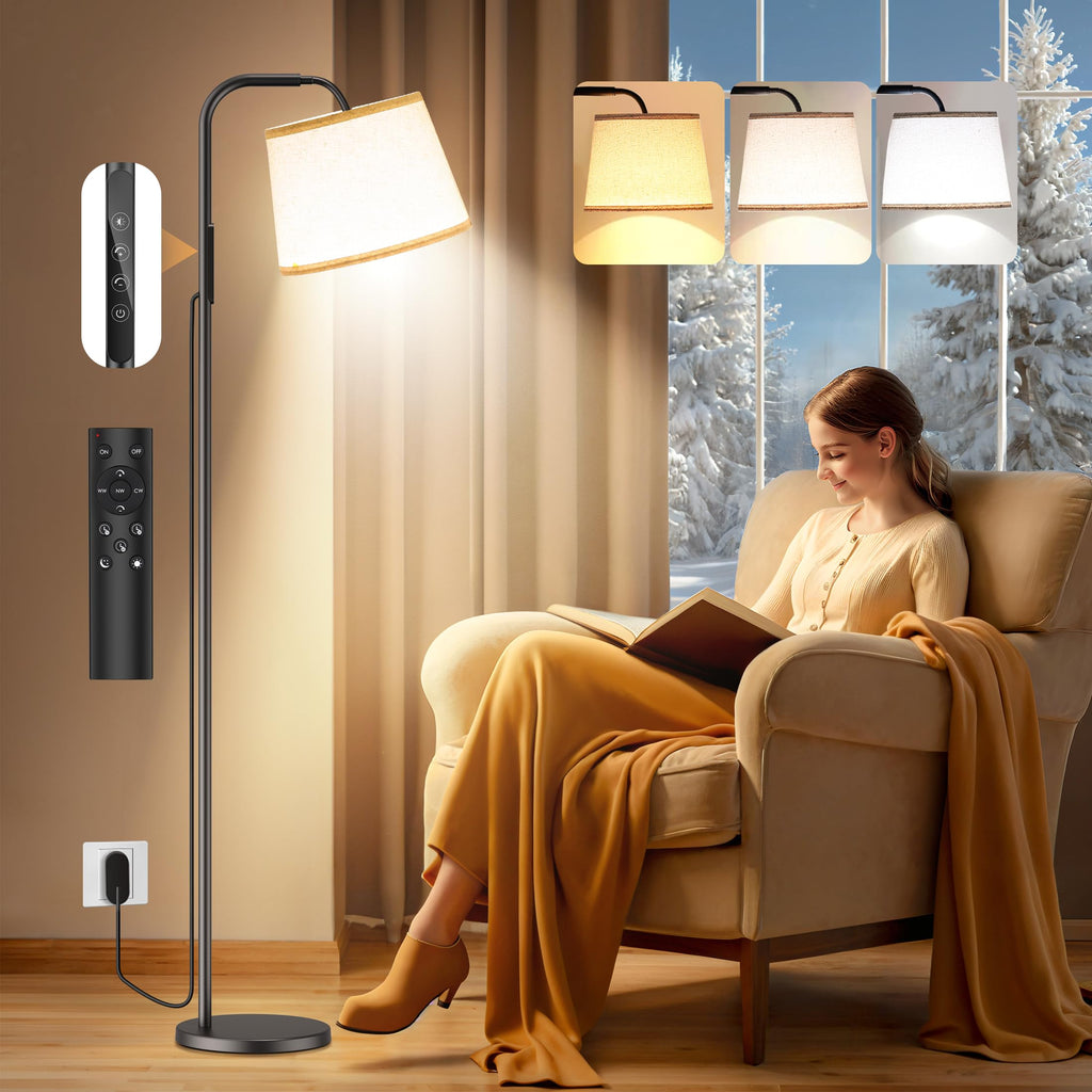 Caromolly Light Therapy Floor Lamp, 10000 Lux with Remote, Adjustable Color/Brightness/Timer, Modern Linen Shade for Office, Liv