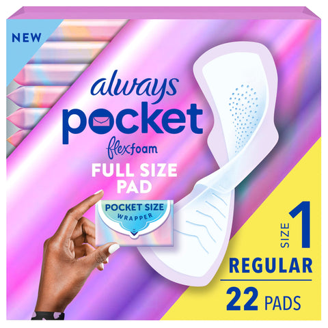 Always Pocket Feminine Pads for Women with FlexFoam, Size 1, Regular, with Wings, Unscented, 22 Count