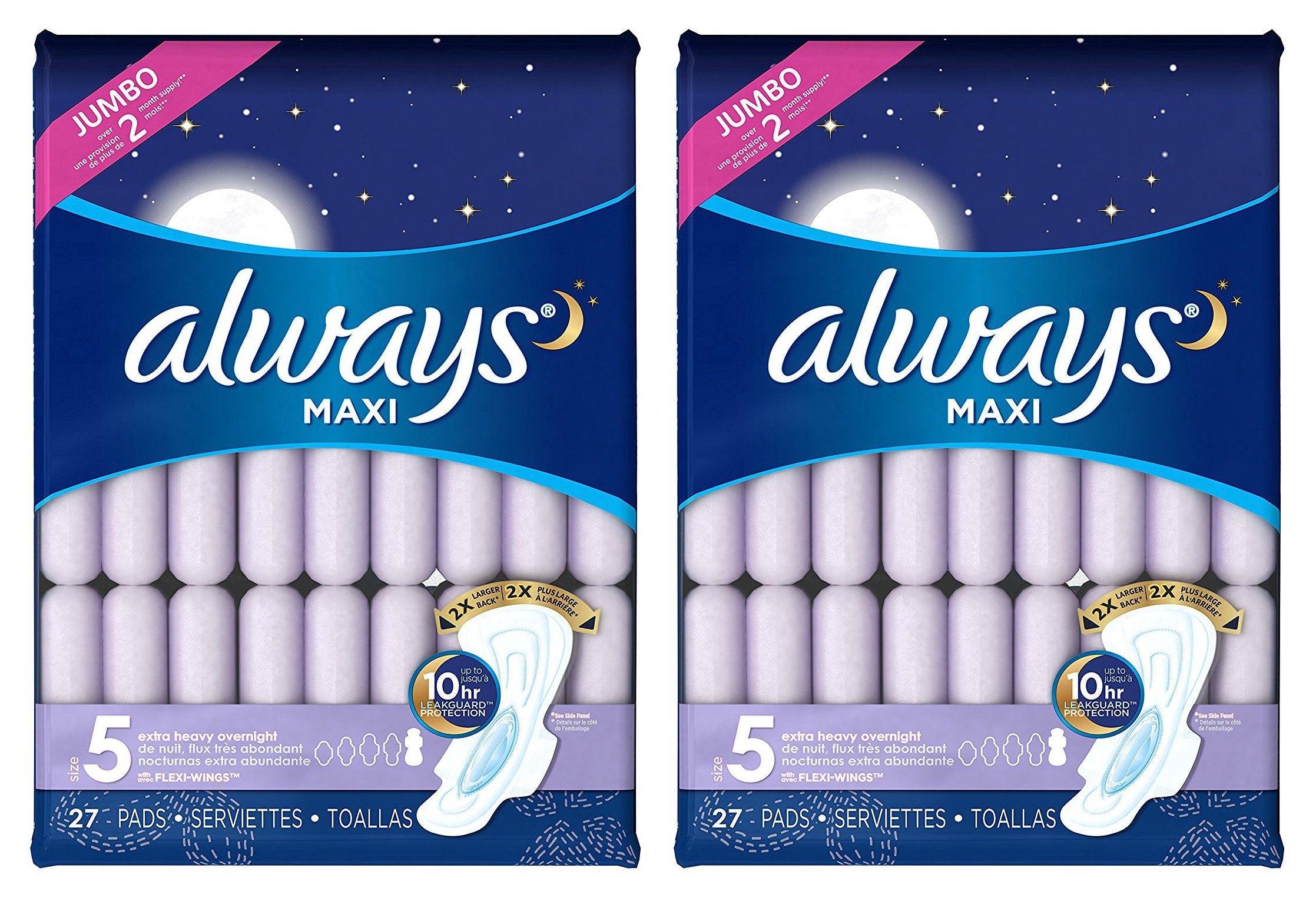Always Maxi, Size 5, Extra Heavy Overnight Pads with Flexi-Wings, Unscented, 27 Count. 2 Pack. (Includes (2) 27-Count Packages S