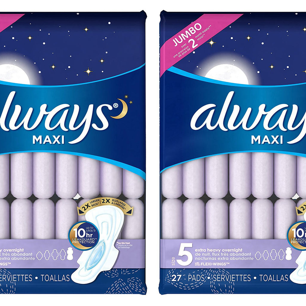 Always Maxi, Size 5, Extra Heavy Overnight Pads with Flexi-Wings, Unscented, 27 Count. 2 Pack. (Includes (2) 27-Count Packages S